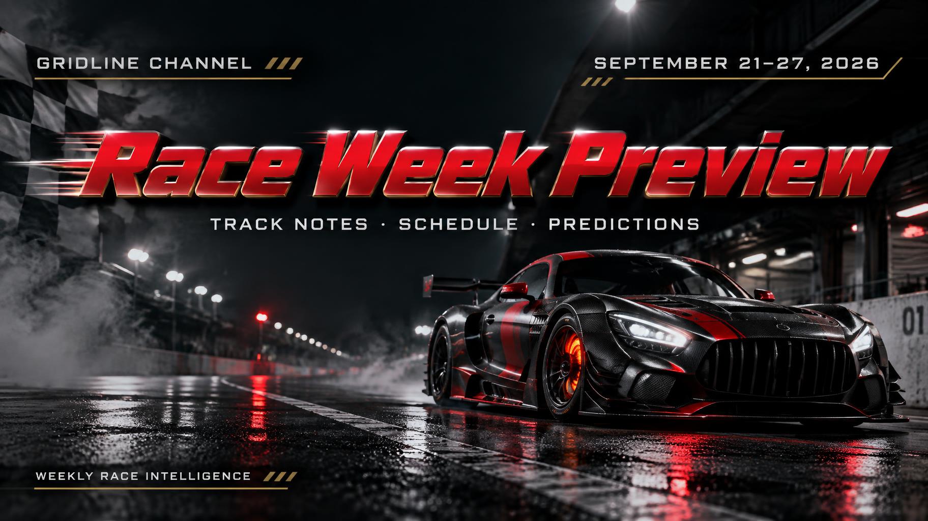 "Race Week Preview
GRIDLINE CHANNEL
SEPTEMBER 21–27, 2026
TRACK NOTES · SCHEDULE · PREDICTIONS
WEEKLY RACE INTELLIGENCE" — Racing text effect
