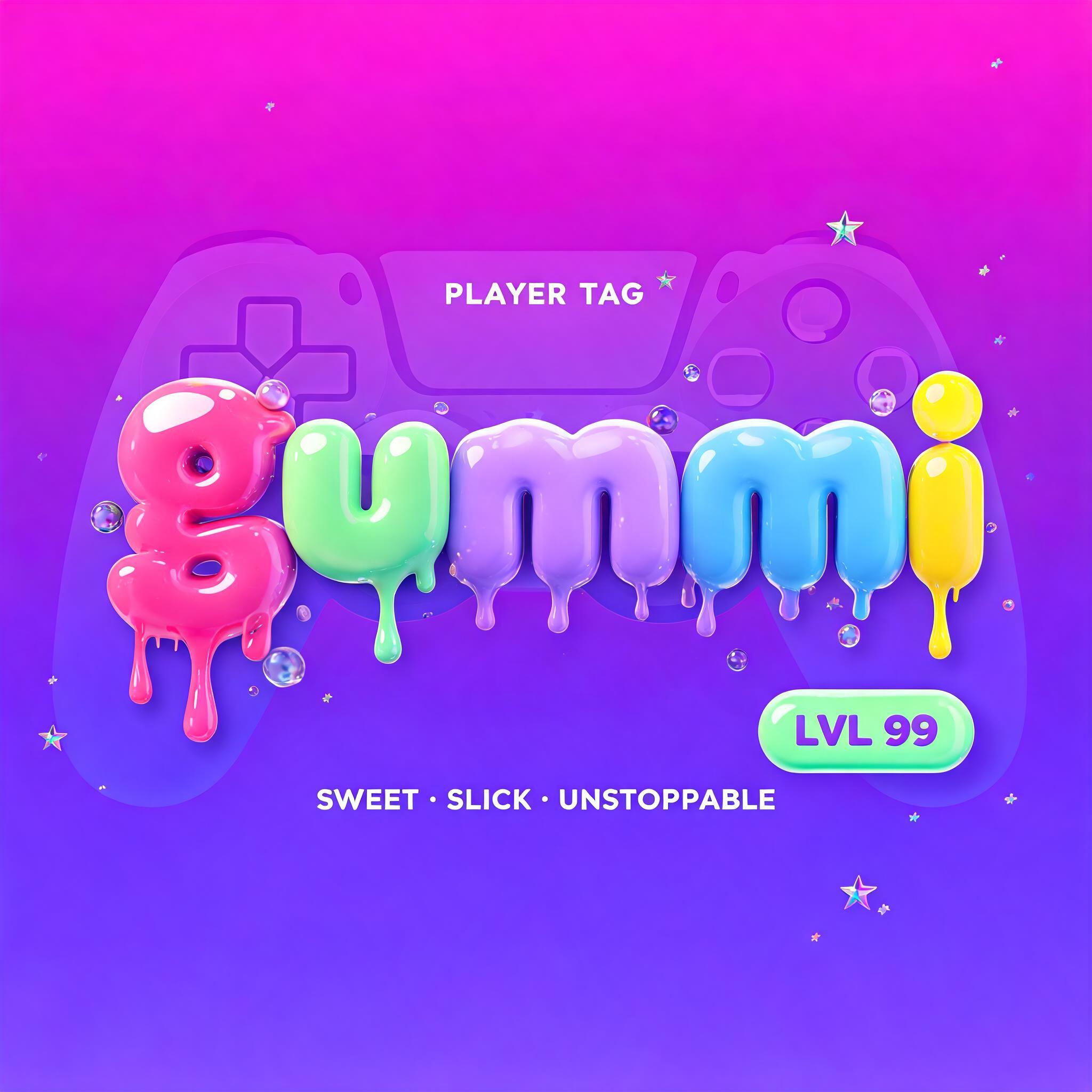 "Gummi
PLAYER TAG
SWEET • SLICK • UNSTOPPABLE
LVL 99" — 3d Bold Inflated text effect