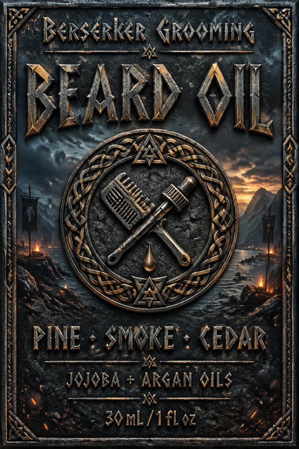 "Berserker Grooming
BEARD OIL
PINE · SMOKE · CEDAR
JOJOBA + ARGAN OILS
30 mL / 1 fl oz" — Viking | AI Text Effect Generator