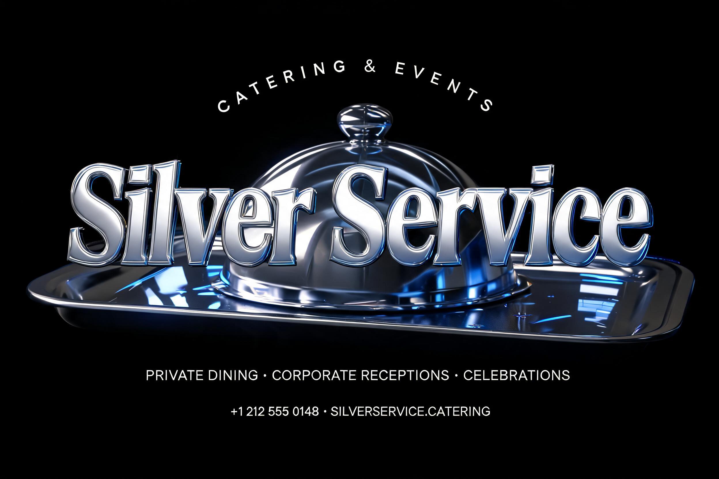 "Silver Service
CATERING & EVENTS
PRIVATE DINING · CORPORATE RECEPTIONS · CELEBRATIONS
+1 212 555 0148 · SILVERSERVICE.CATERING" — Chrome Metal 3d | AI Text Effect Generator