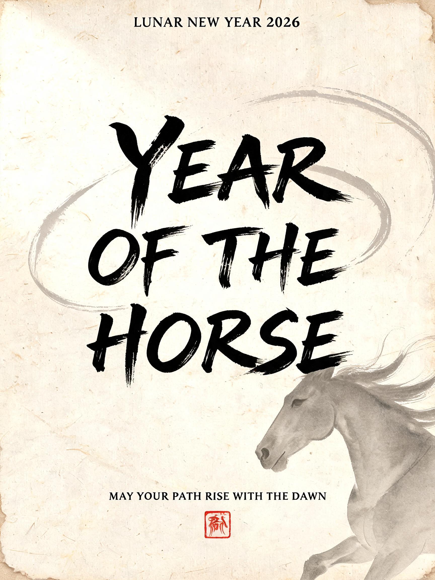 "YEAR
OF THE
HORSE
LUNAR NEW YEAR 2026
MAY YOUR PATH RISE WITH THE DAWN" — Brush Chinese Ink | AI Text Effect Generator