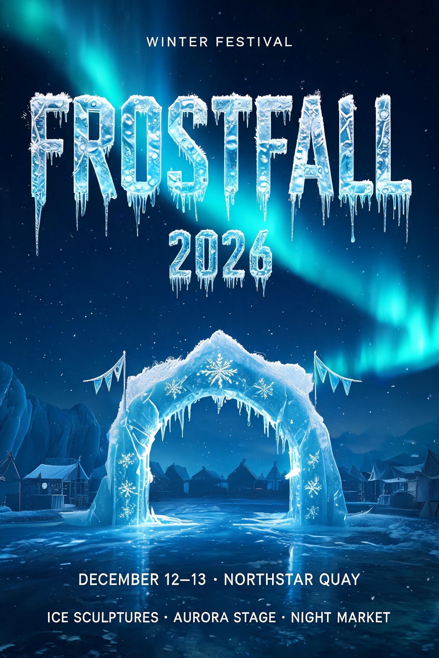 "FROSTFALL
2026
WINTER FESTIVAL
DECEMBER 12–13 · NORTHSTAR QUAY
ICE SCULPTURES · AURORA STAGE · NIGHT MARKET" — Glass Frozen | AI Text Effect Generator