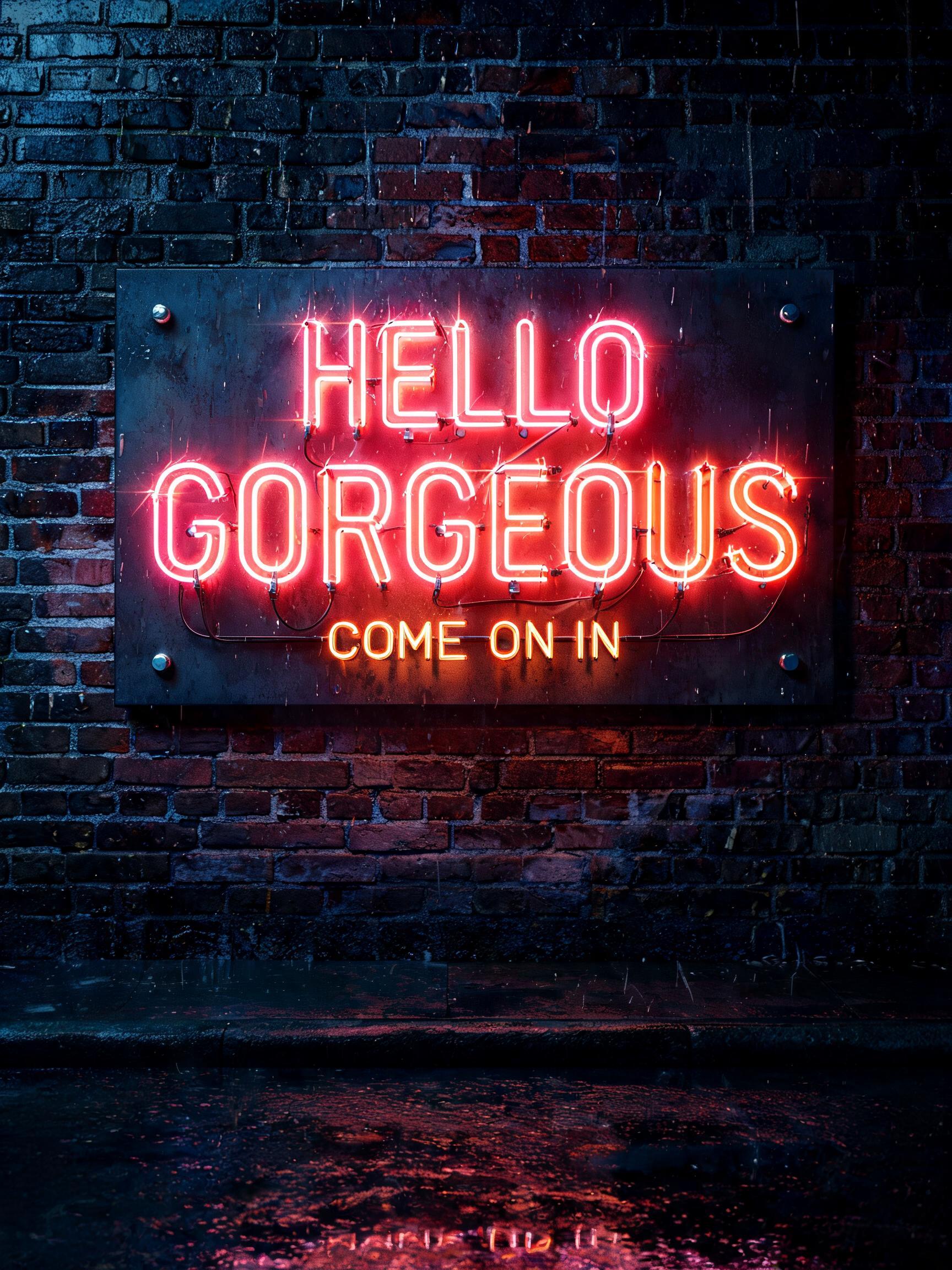 "Make me neon text that says HELLO GORGEOUS in warm tube glow" — Neon Sign | AI Text Effect Generator