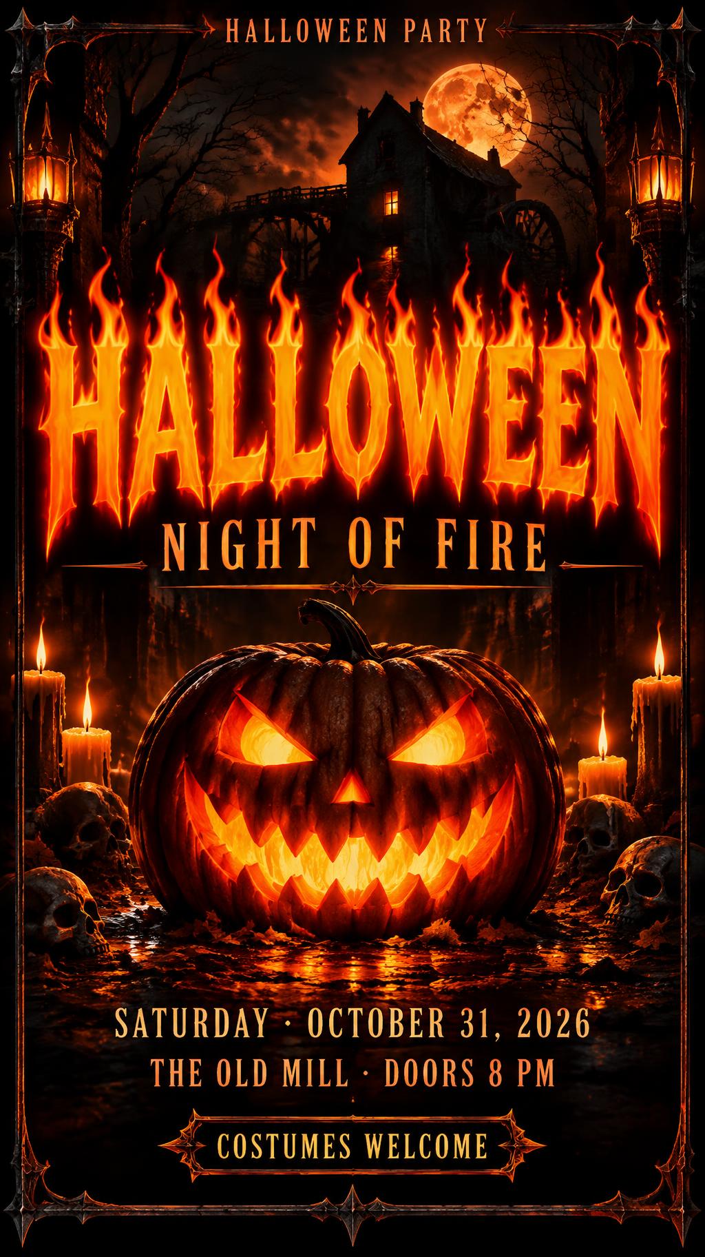 "HALLOWEEN
NIGHT OF FIRE
SATURDAY · OCTOBER 31, 2026
THE OLD MILL · DOORS 8 PM
COSTUMES WELCOME
HALLOWEEN PARTY" — horror text effect