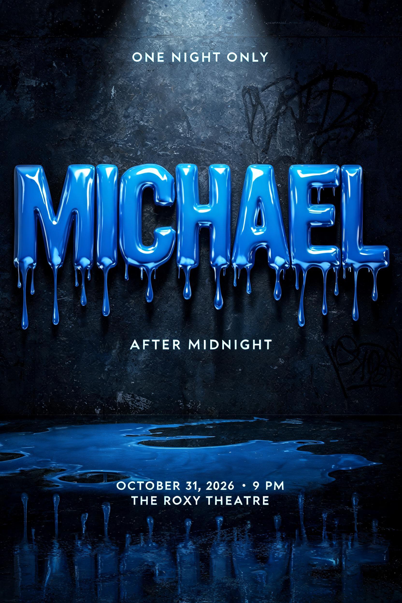 "ONE NIGHT ONLY
MICHAEL
AFTER MIDNIGHT
OCTOBER 31, 2026  •  9 PM
THE ROXY THEATRE" — Drip Font | AI Text Effect Generator