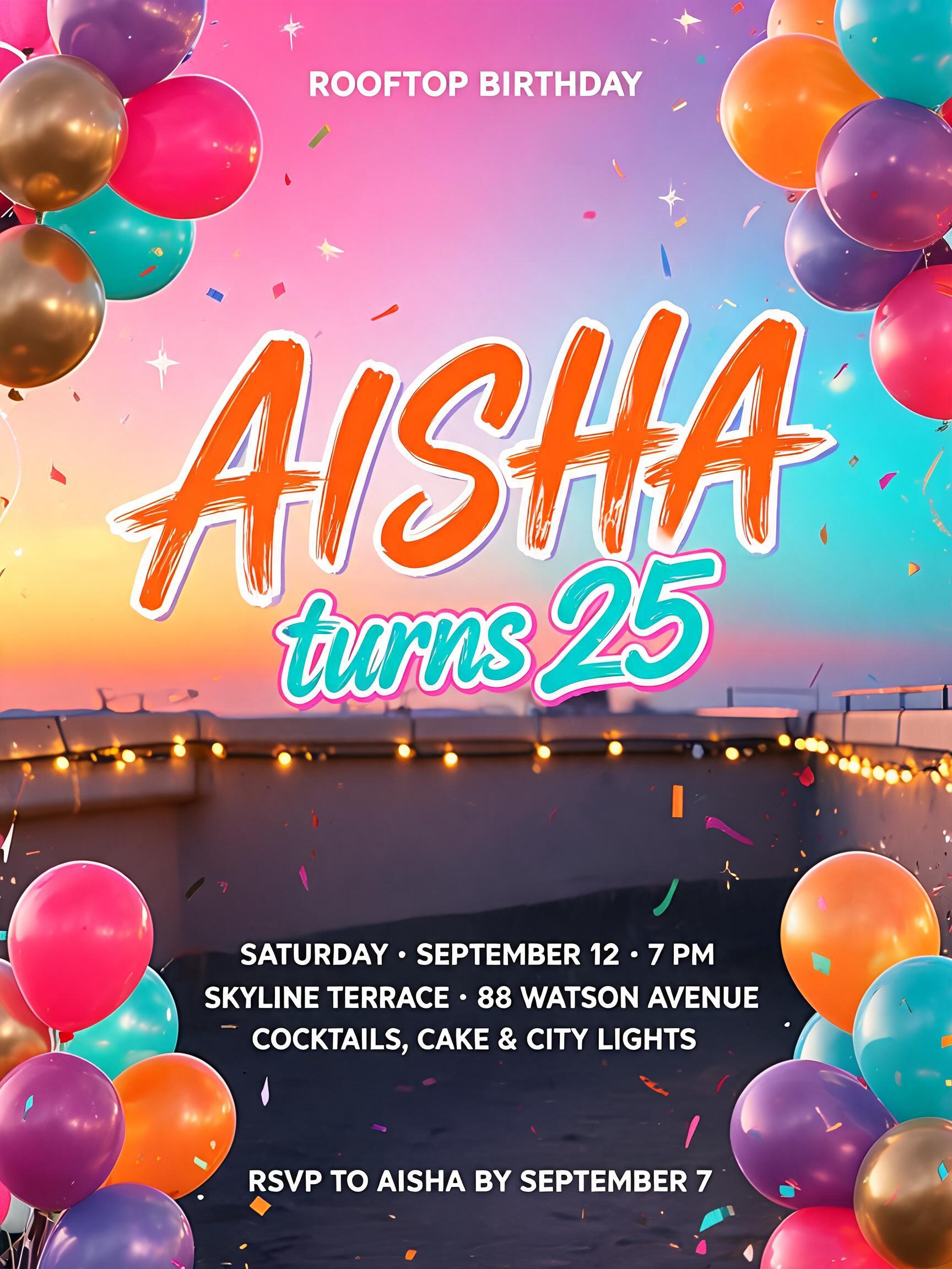 ROOFTOP BIRTHDAY
AISHA
turns 25
SATURDAY · SEPTEMBER 12 · 7 PM
SKYLINE TERRACE · 88 WATSON AVENUE
COCKTAILS, CAKE & CITY LIGHTS
RSVP TO AISHA BY SEPTEMBER 7