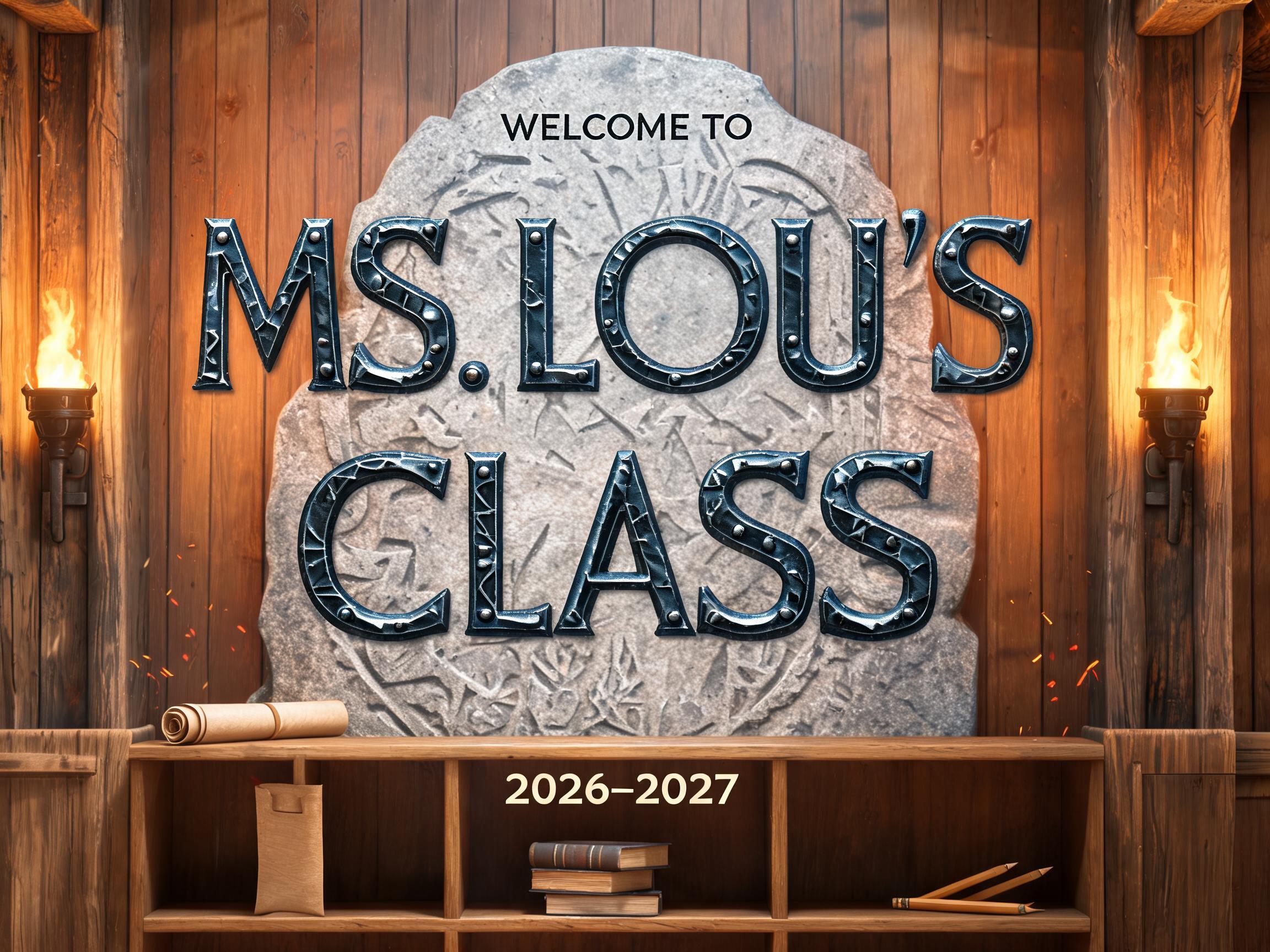 "WELCOME TO
MS. LOU'S
CLASS
2026–2027" — Viking text effect