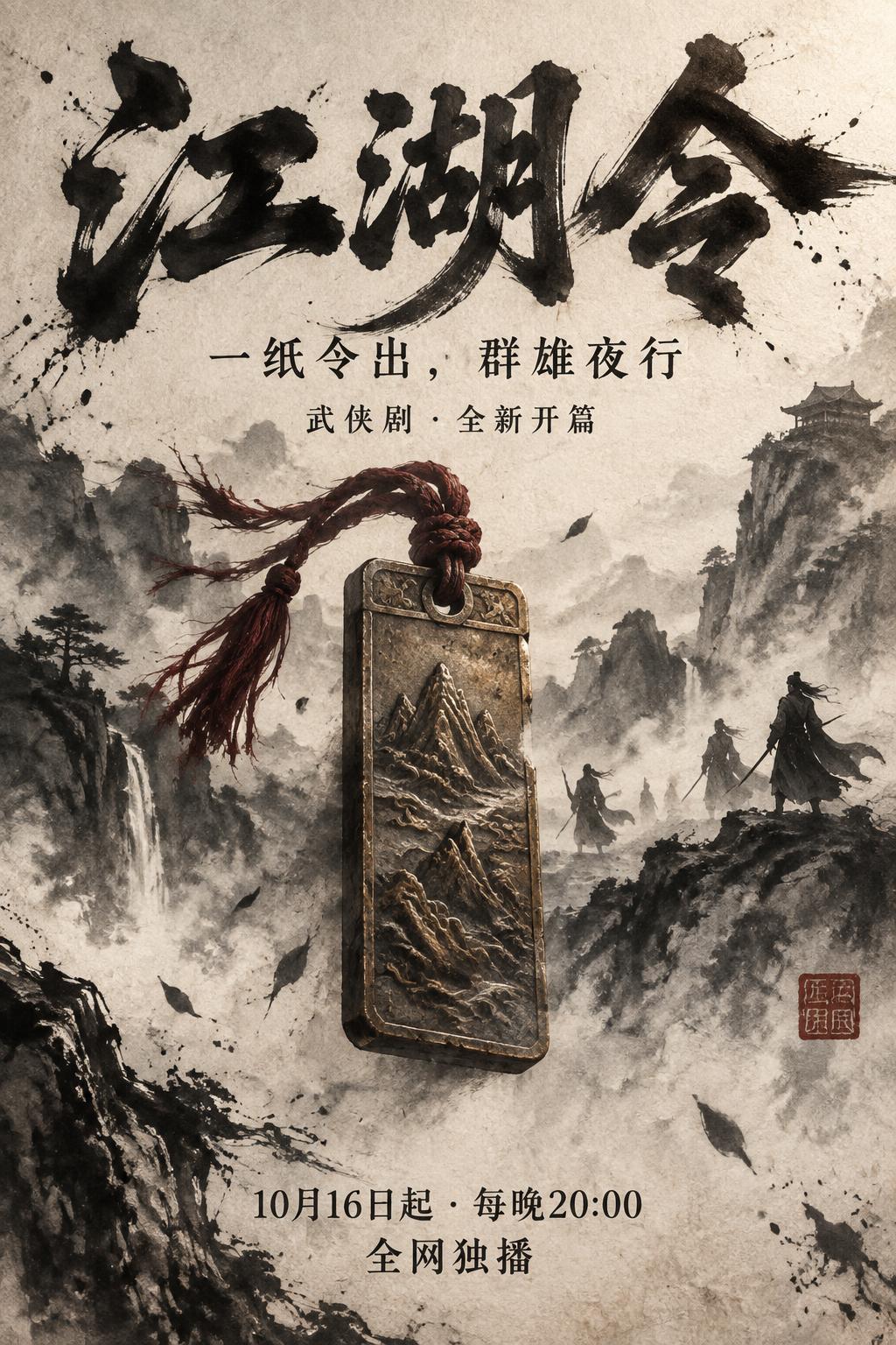 "江湖令
一纸令出，群雄夜行
武侠剧 · 全新开篇
10月16日起 · 每晚20:00
全网独播" — Brush Stroke | AI Text Effect Generator