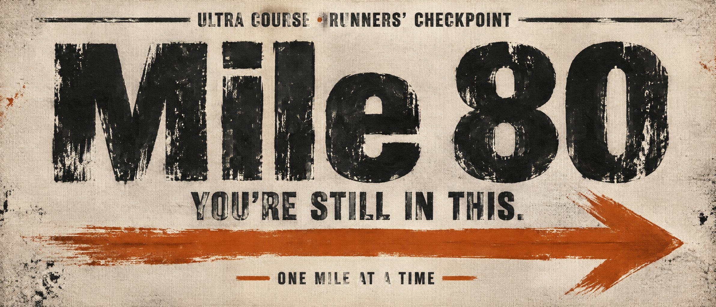 Mile 80
ULTRA COURSE · RUNNERS’ CHECKPOINT
YOU’RE STILL IN THIS.
ONE MILE AT A TIME