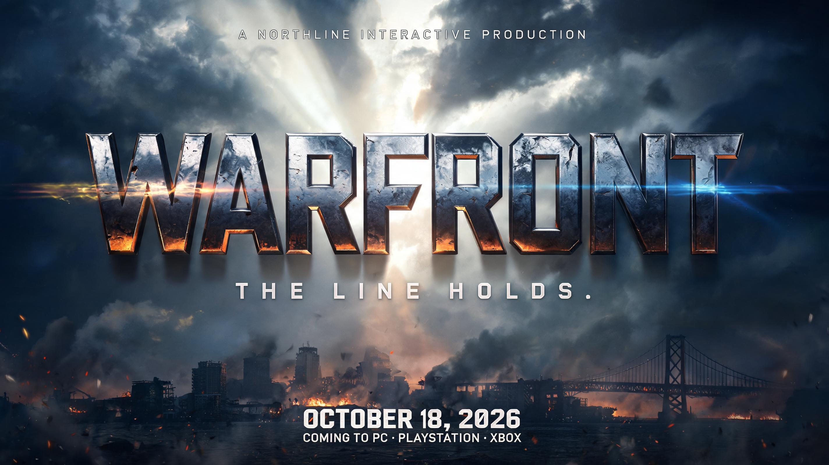 "Design a launch title for the video game Warfront" — Cinematic Blockbuster text effect