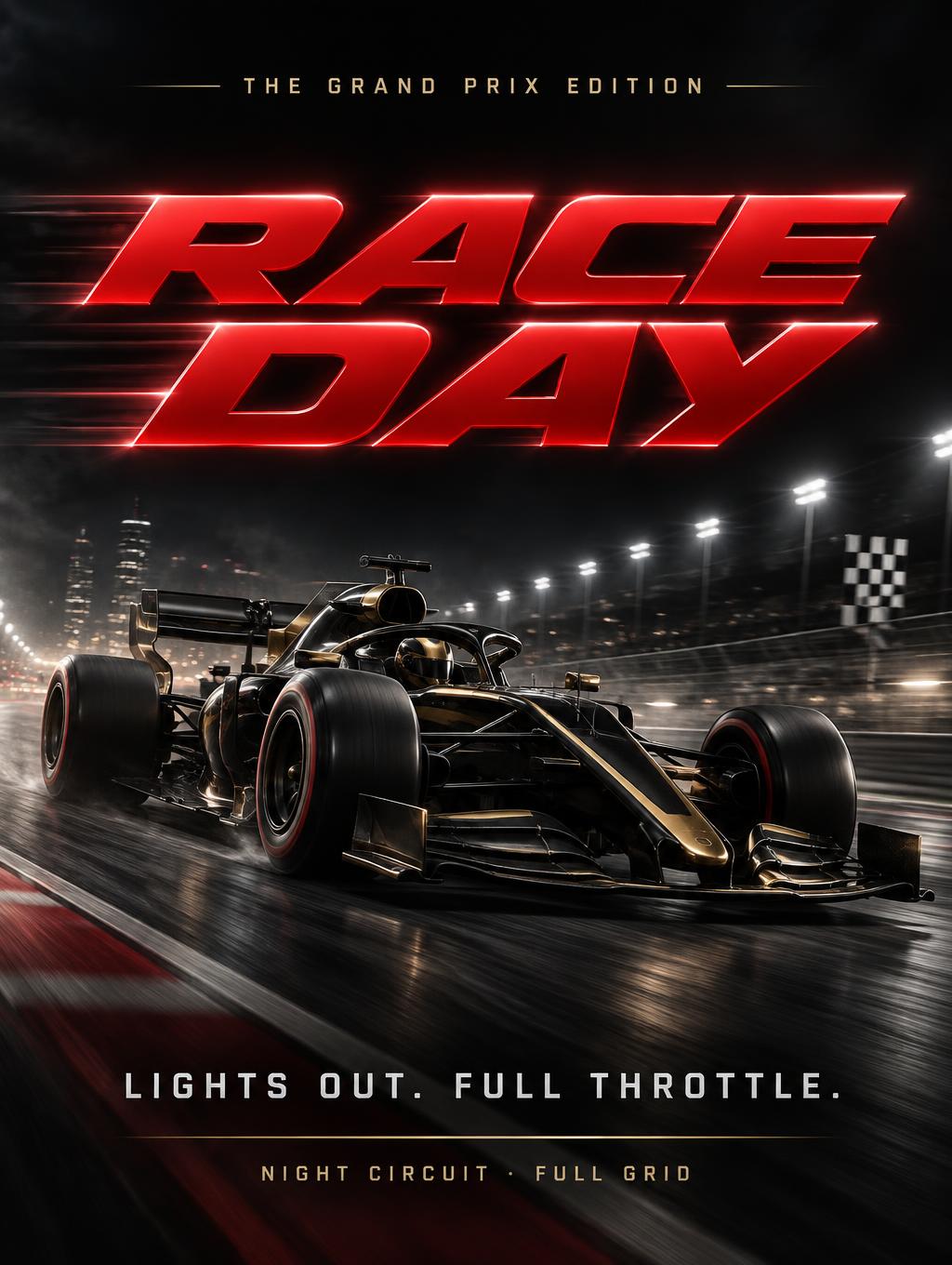 "RACE DAY
THE GRAND PRIX EDITION
LIGHTS OUT. FULL THROTTLE.
NIGHT CIRCUIT · FULL GRID" — Racing | AI Text Effect Generator