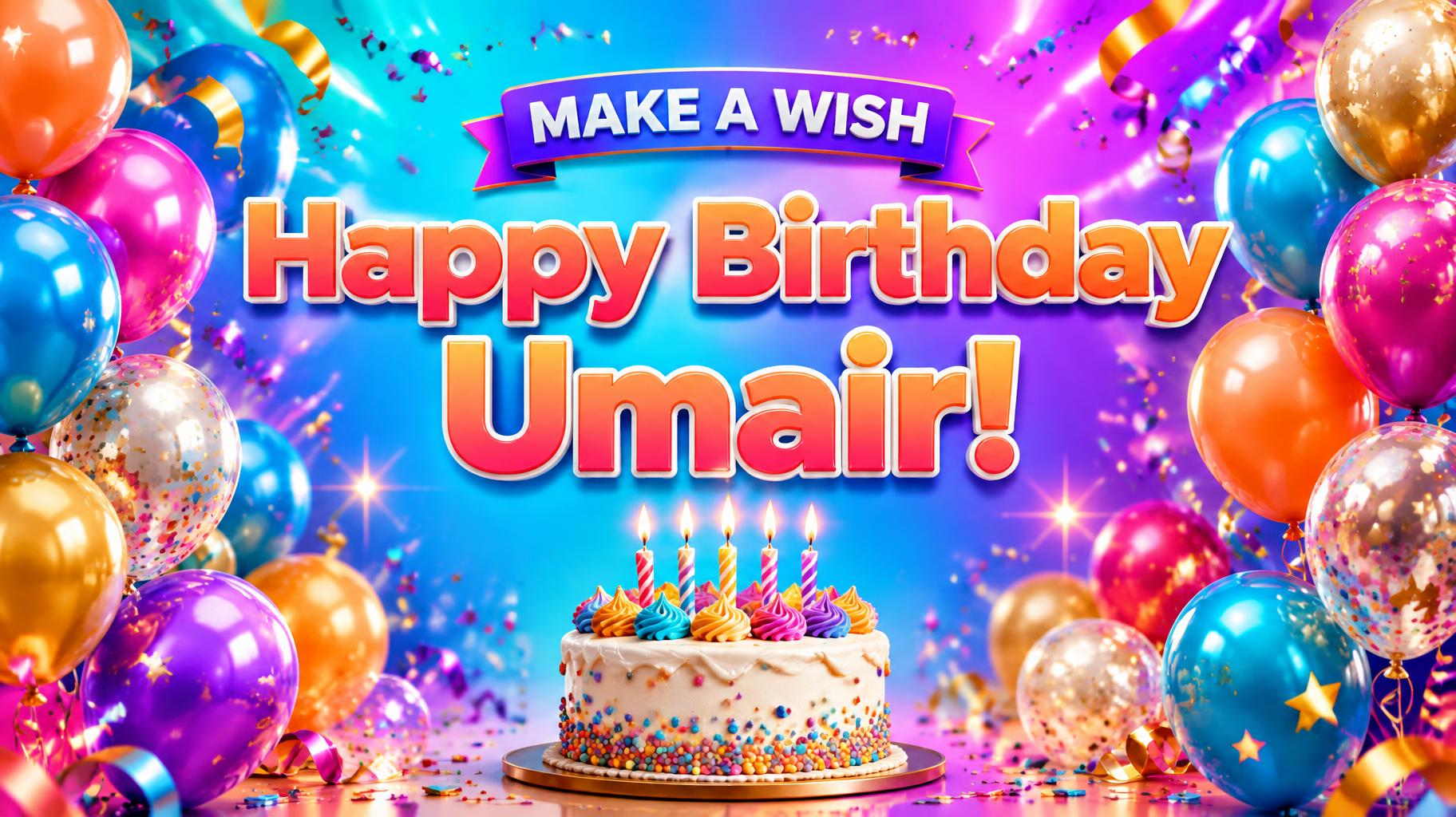 "Happy Birthday Umair!
MAKE A WISH" — Birthday | AI Text Effect Generator