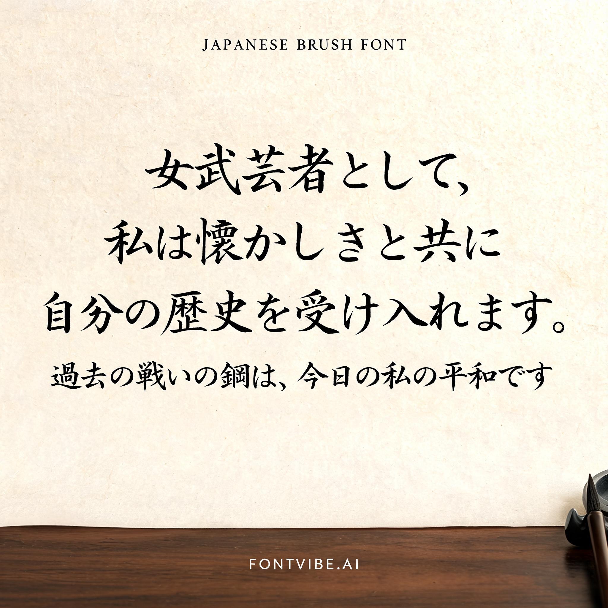 "女武芸者として、私は懐かしさと共に自分の歴史を受け入れます。過去の戦いの鋼は、今日の私の平和です" — Brush Japanese Ink | AI Text Effect Generator