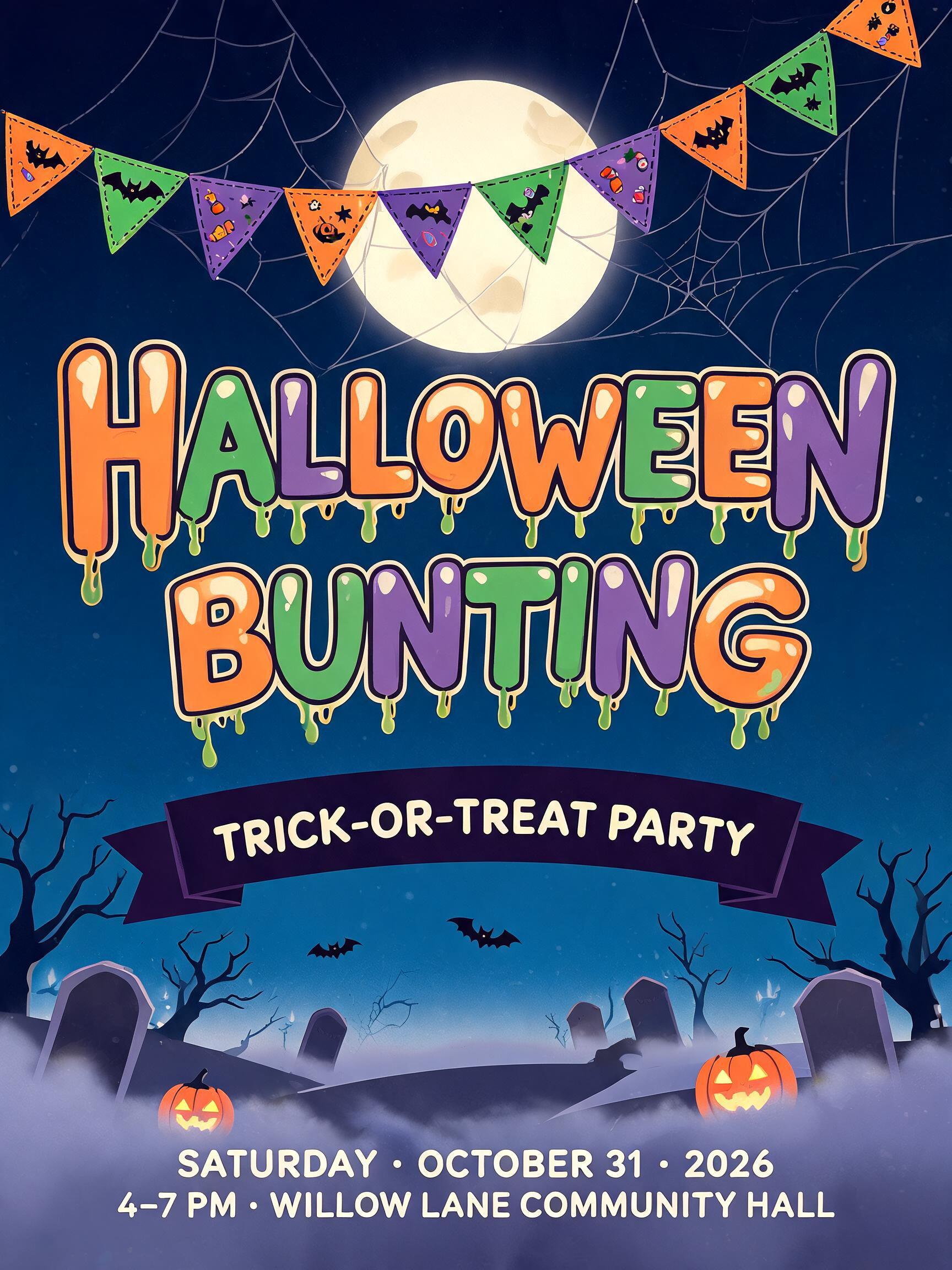 "HALLOWEEN
BUNTING
TRICK-OR-TREAT PARTY
SATURDAY · OCTOBER 31 · 2026
4–7 PM · WILLOW LANE COMMUNITY HALL" — Halloween text effect