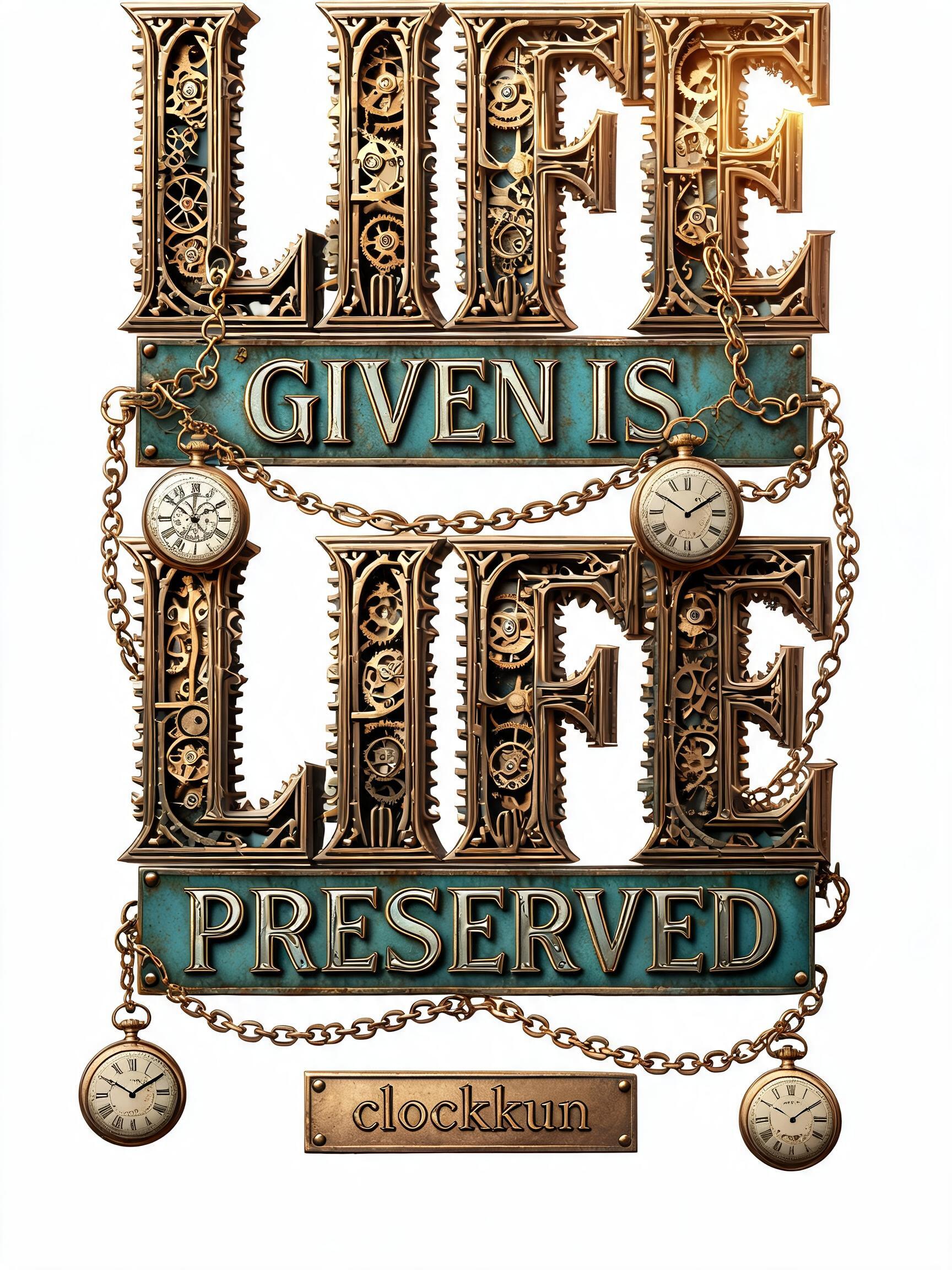 "No background. LIFE GIVEN IS LIFE PRESERVED. Emphasize on LIFE. Clocks, watches, chains, time aethetics. Clean steampunk-y style. First line is LIFE, second line is GIVEN IS, third line is LIFE, fourth line is PRESERVED. Below is "clockkun" " — Steampunk | AI Text Effect Generator
