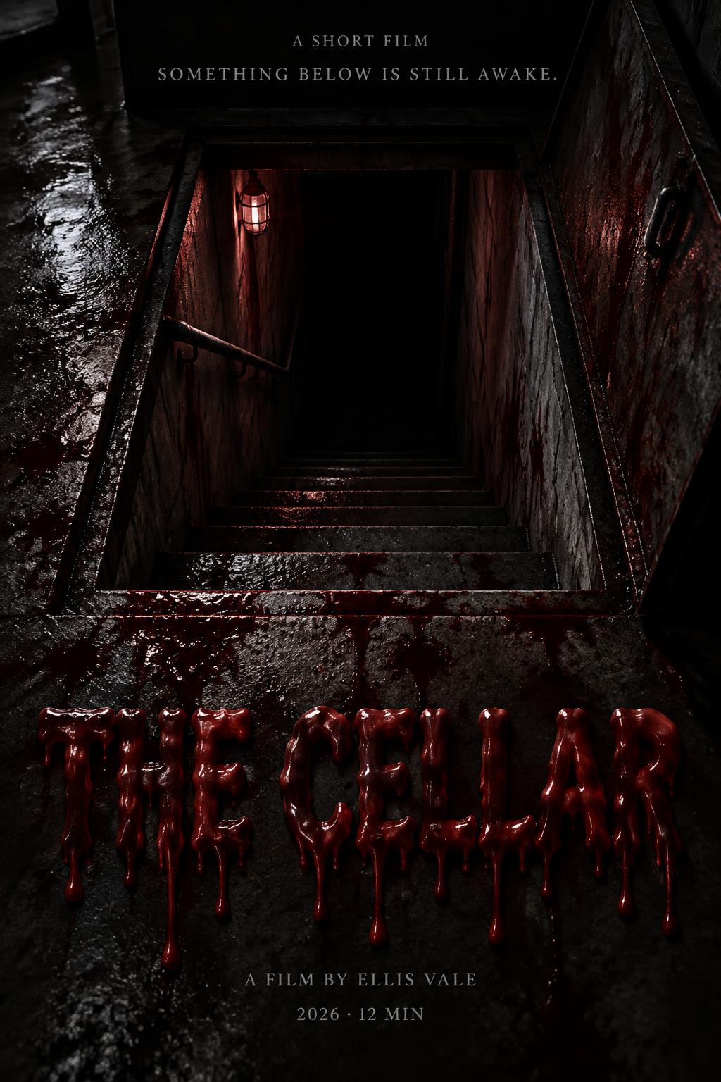 "THE CELLAR
SOMETHING BELOW IS STILL AWAKE.
A SHORT FILM
A FILM BY ELLIS VALE
2026 · 12 MIN" — Drip Font Blood | AI Text Effect Generator