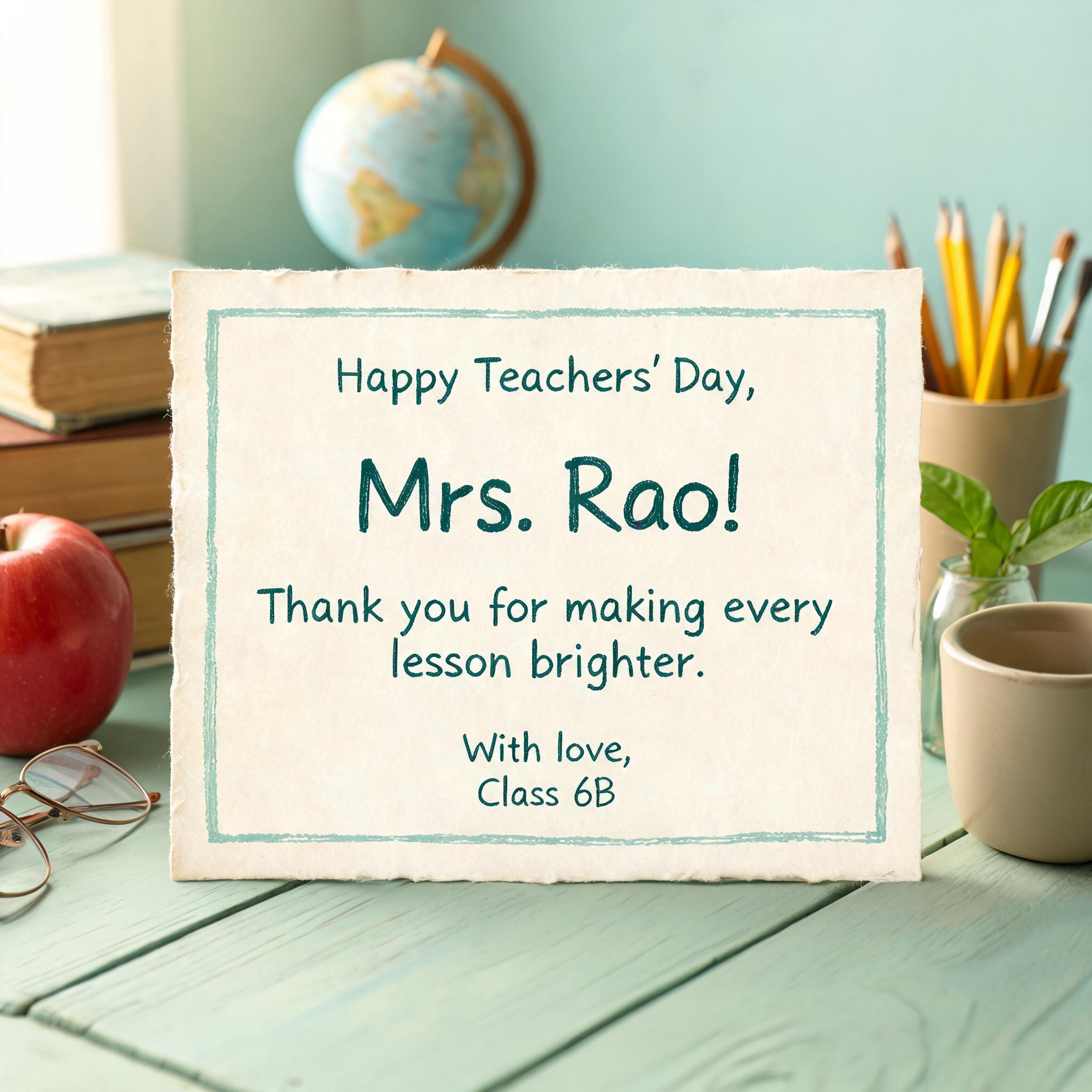 Happy Teachers’ Day,
Mrs. Rao!
Thank you for making every lesson brighter.
With love, Class 6B