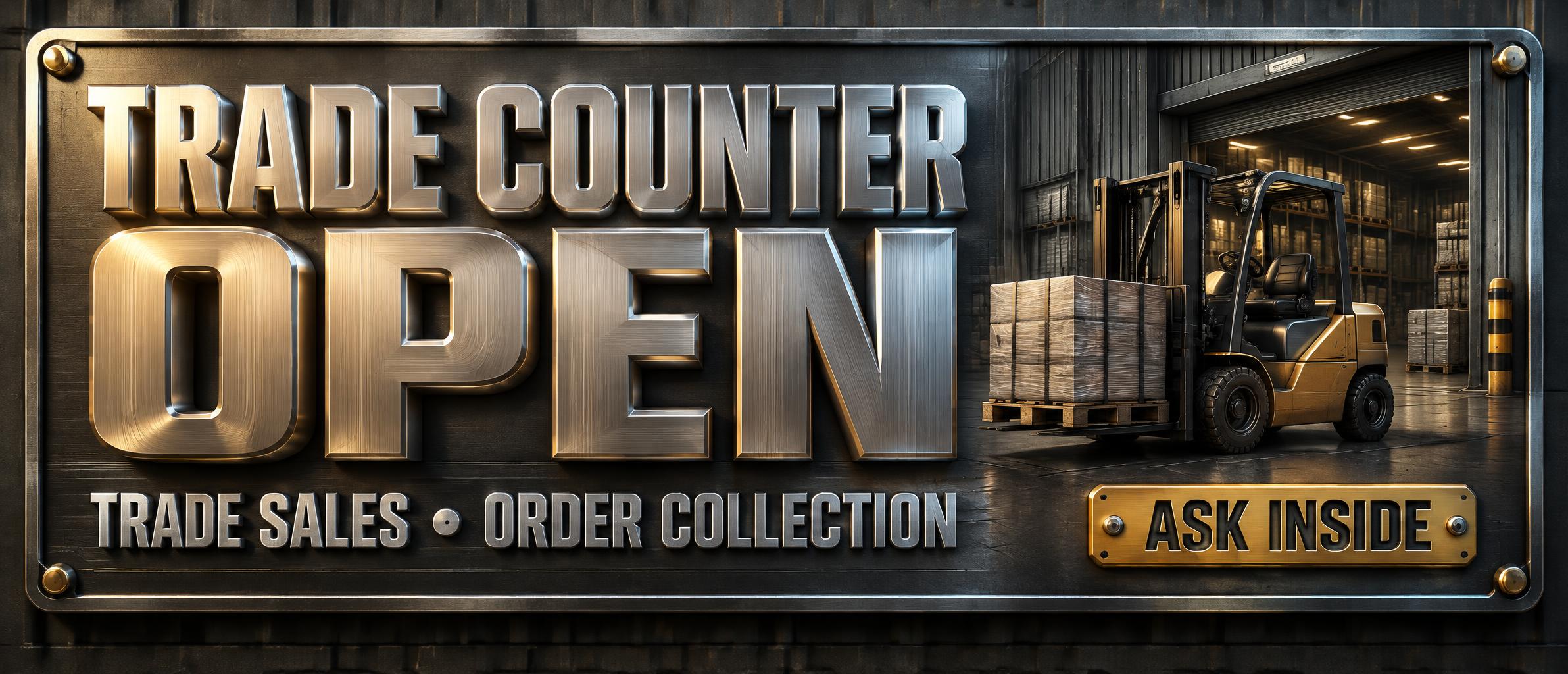 "TRADE COUNTER OPEN
TRADE SALES • ORDER COLLECTION
ASK INSIDE" — Metallic | AI Text Effect Generator