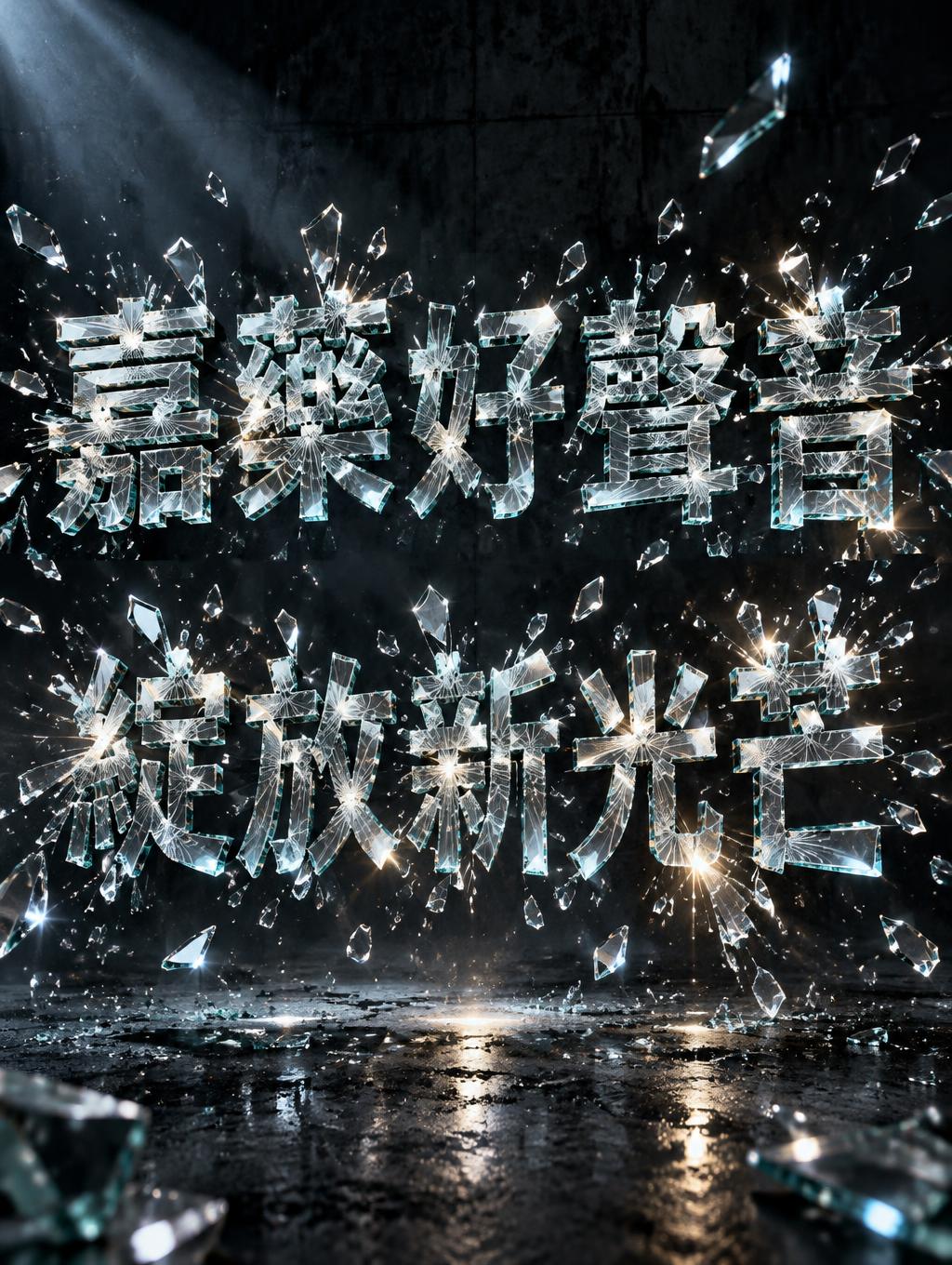 "嘉藥好聲音 
綻放新光芒" — Glass Broken text effect