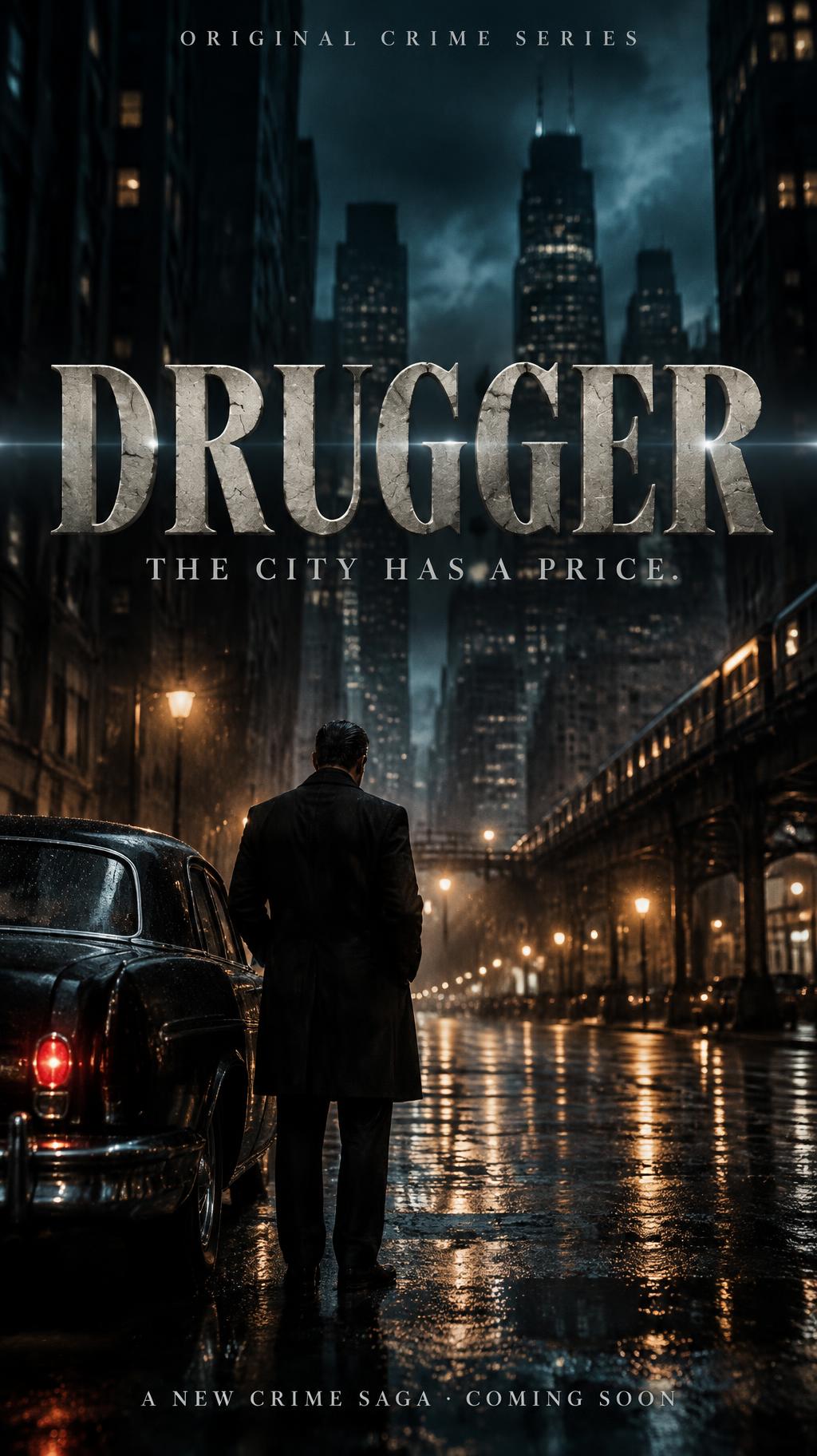 "DRUGGER
THE CITY HAS A PRICE.
ORIGINAL CRIME SERIES
A NEW CRIME SAGA · COMING SOON" — Cinematic Netflix | AI Text Effect Generator