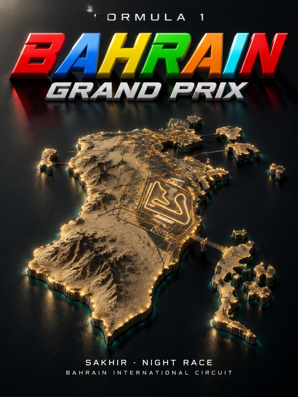 "BAHRAIN
GRAND PRIX
FORMULA 1
SAKHIR · NIGHT RACE
BAHRAIN INTERNATIONAL CIRCUIT" — 3d bold text effect