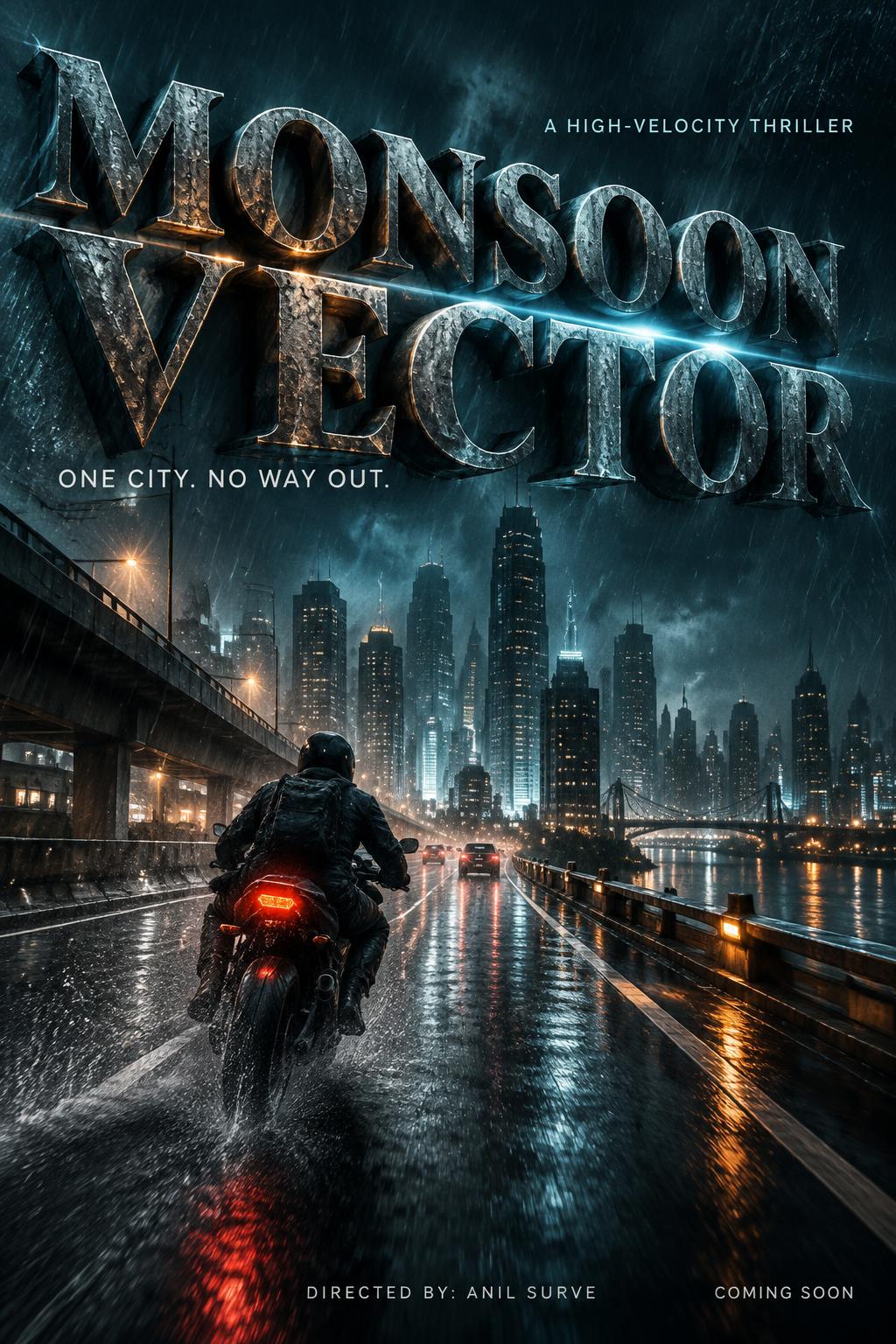 "MONSOON VECTOR
ONE CITY. NO WAY OUT.
A HIGH-VELOCITY THRILLER
DIRECTED BY: ANIL SURVE
COMING SOON" — Cinematic Netflix | AI Text Effect Generator