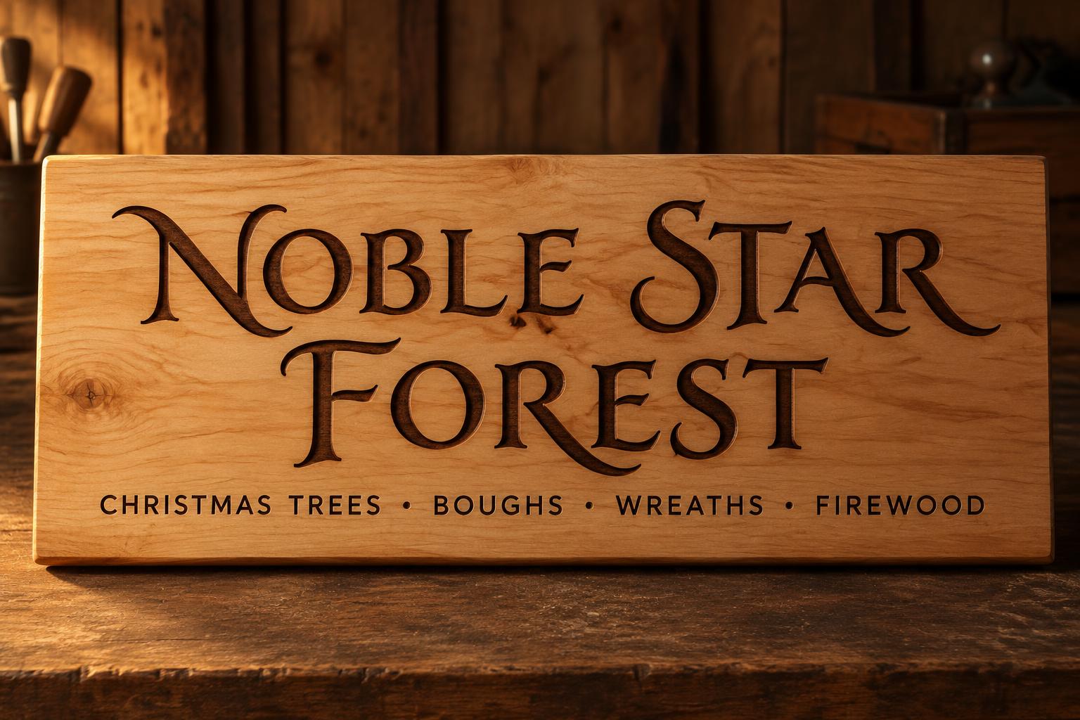 "NOBLE STAR
FOREST
CHRISTMAS TREES • BOUGHS • WREATHS • FIREWOOD" — Laser Cut text effect