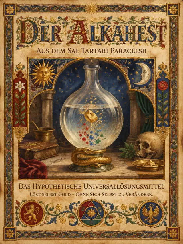 "DER ALKAHEST
AUS DEM SAL TARTARI PARACELSII
DAS HYPOTHETISCHE UNIVERSALLÖSUNGSMITTEL
LÖST SELBST GOLD – OHNE SICH SELBST ZU VERÄNDERN." — medieval text effect