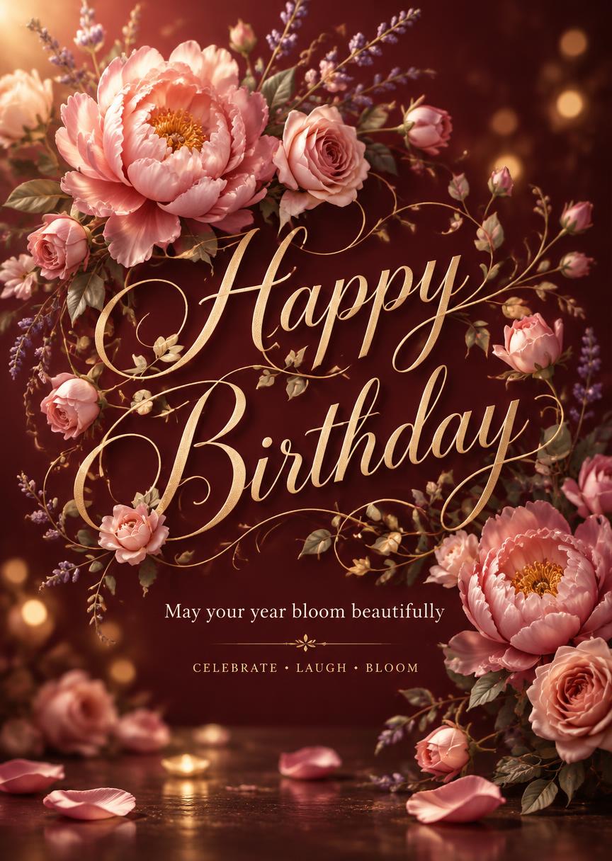 "Happy Birthday
May your year bloom beautifully
CELEBRATE • LAUGH • BLOOM" — Mothers Day text effect