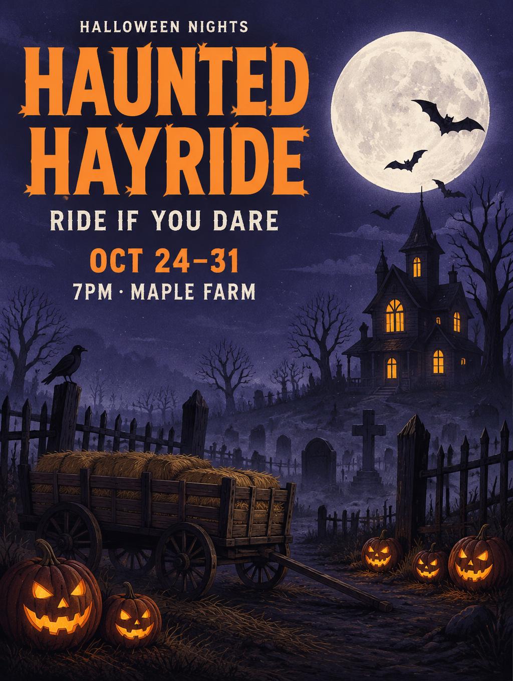 "HALLOWEEN NIGHTS
HAUNTED HAYRIDE
RIDE IF YOU DARE
OCT 24–31
7PM · MAPLE FARM" — Spooky Halloween text effect
