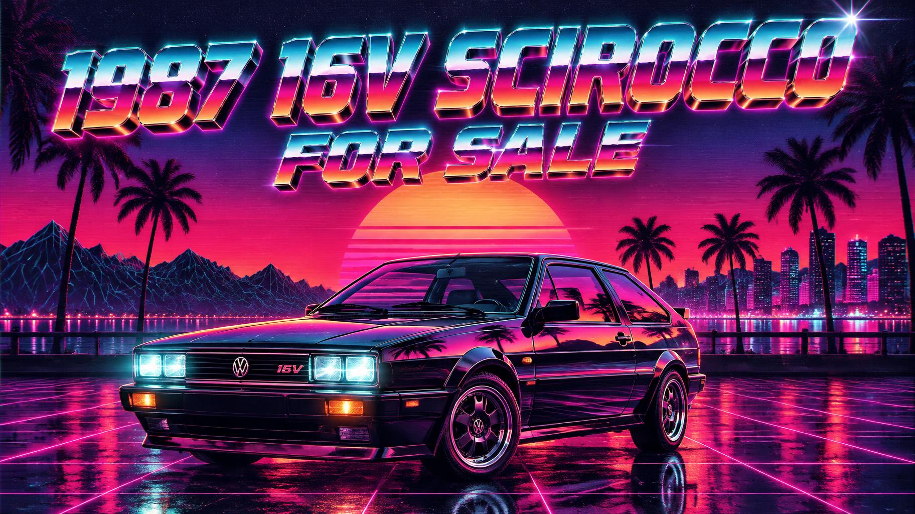 "1987 16V SCIROCCO
FOR SALE" — Synthwave text effect