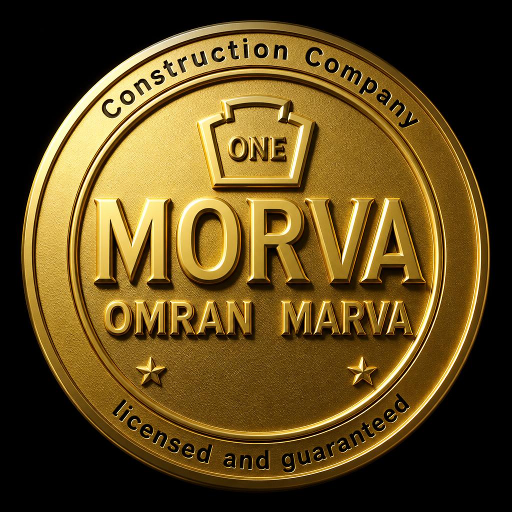 "ONE
MORVA
OMRAN   MARVA
Construction Company
licensed and guaranteed" — 3d Bold Gold | AI Text Effect Generator