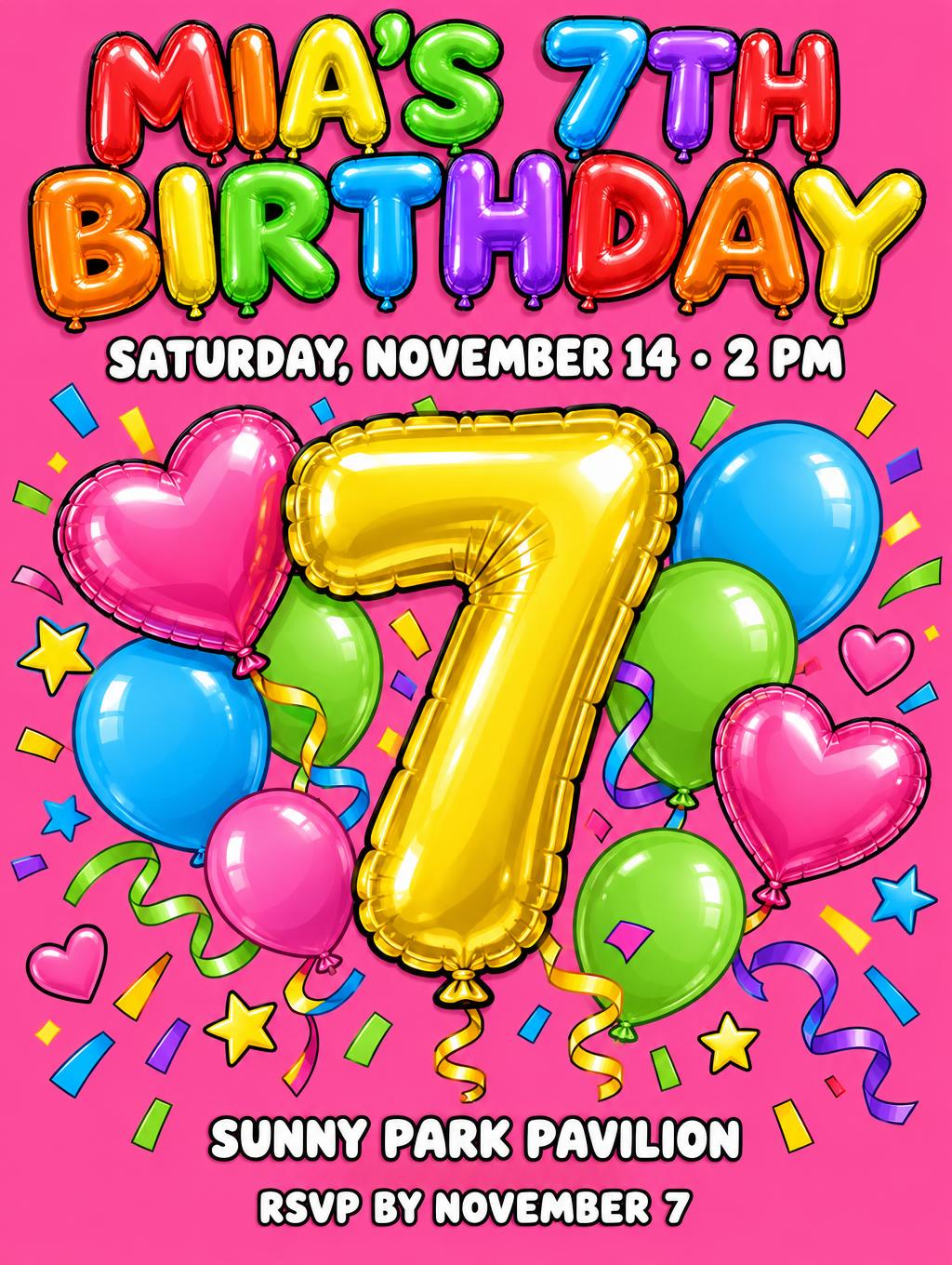 "MIA’S 7TH BIRTHDAY
SATURDAY, NOVEMBER 14 · 2 PM
SUNNY PARK PAVILION
RSVP BY NOVEMBER 7" — Birthday Kids text effect