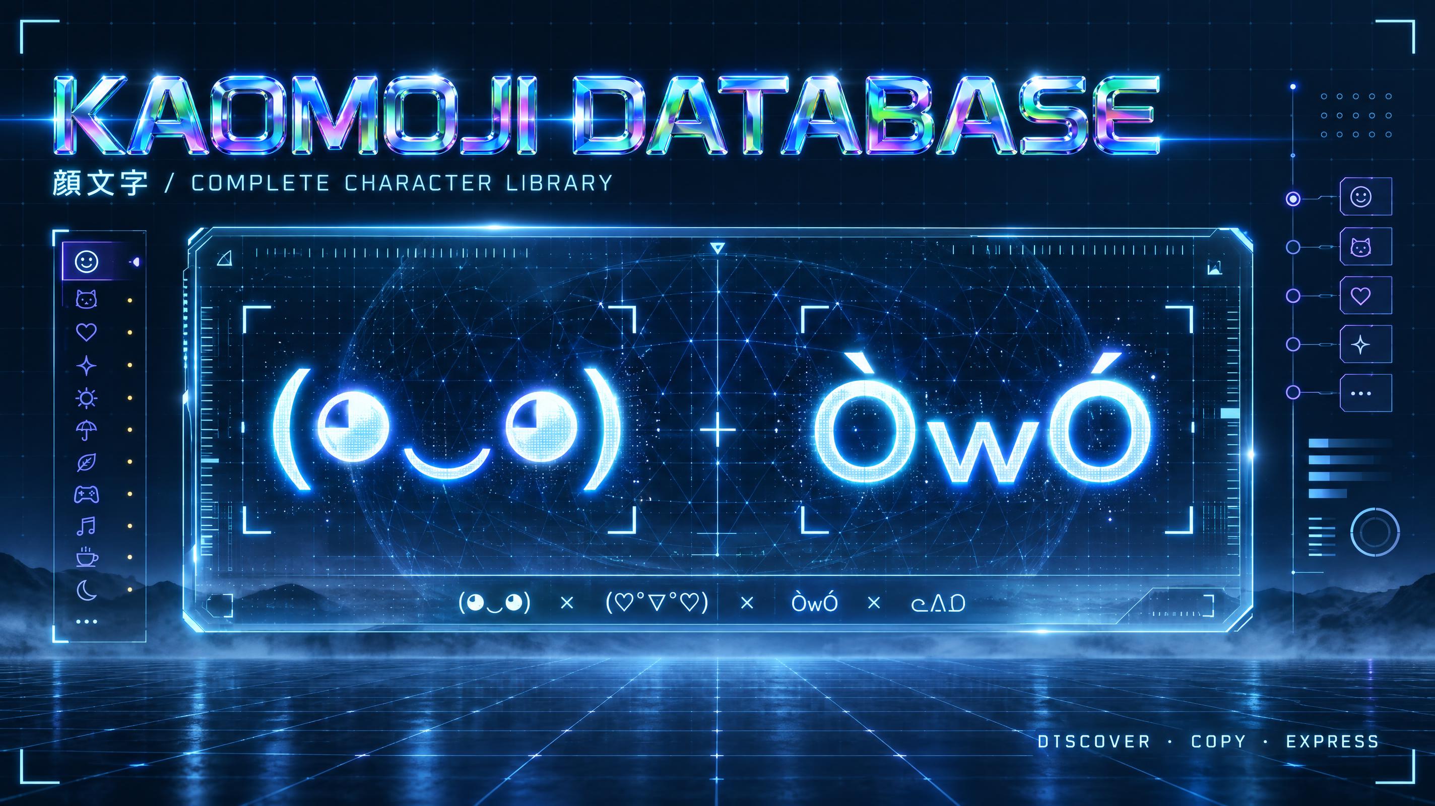 "KAOMOJI DATABASE
顔文字 / COMPLETE CHARACTER LIBRARY
(◕‿◕)  ×  (♡°▽°♡)  ×  ÒwÓ  ×  ᓚᘏᗢ
DISCOVER · COPY · EXPRESS" — Futuristic | AI Text Effect Generator