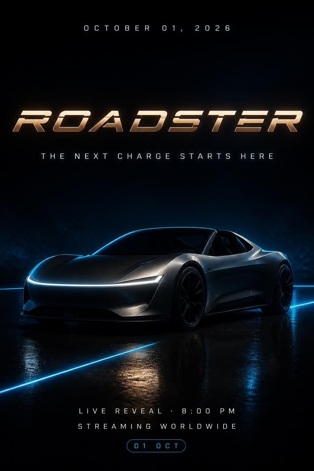 "ROADSTER
THE NEXT CHARGE STARTS HERE
OCTOBER 01, 2026
LIVE REVEAL · 8:00 PM
STREAMING WORLDWIDE
01 OCT" —  | AI Text Effect Generator