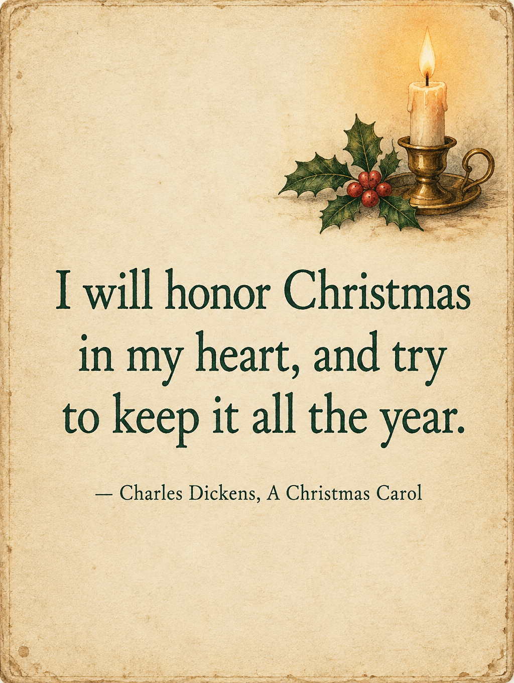"I will honor Christmas in my heart, and try to keep it all the year.
— Charles Dickens, A Christmas Carol" — Candlelit Storybook | AI Text Effect Generator