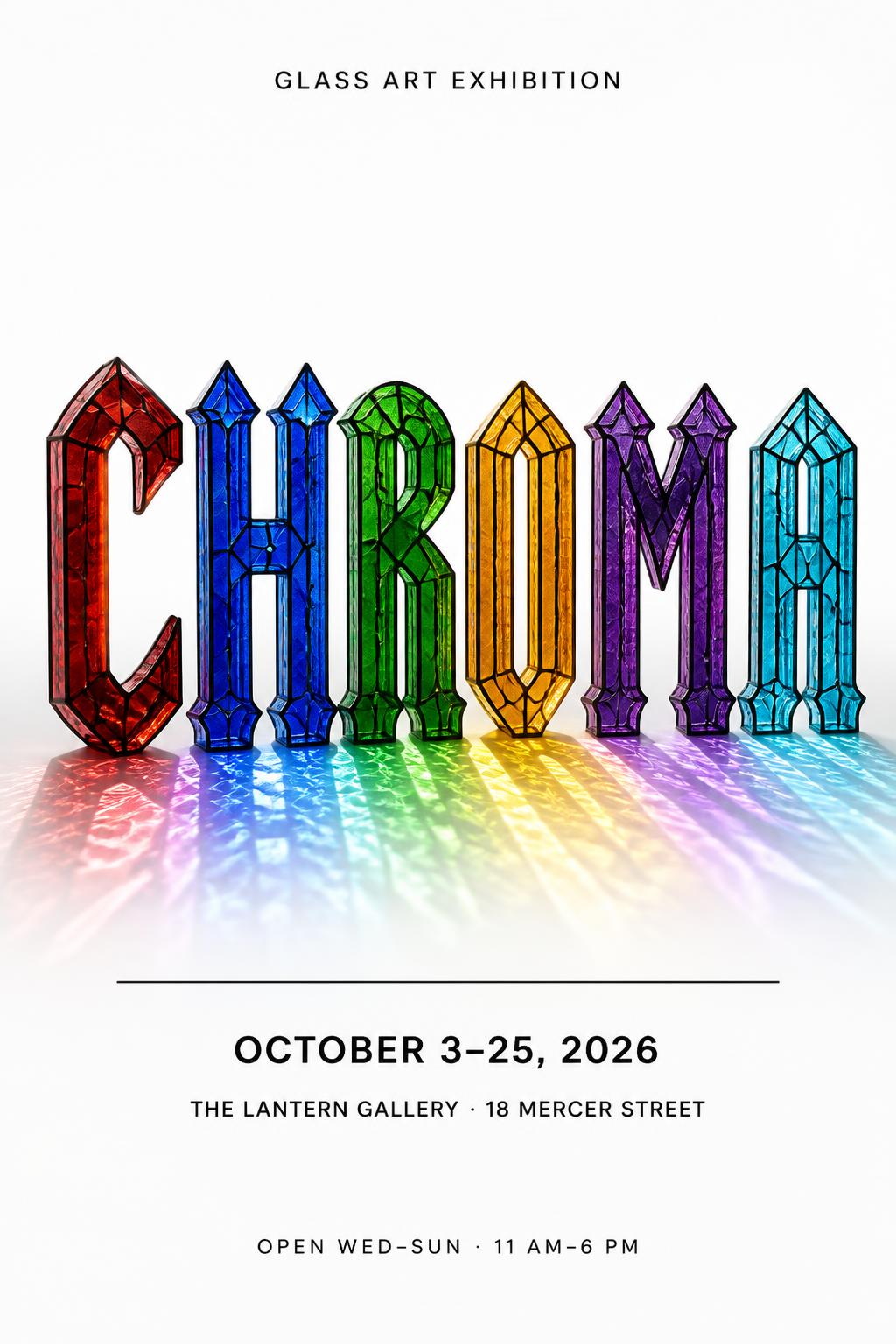 "CHROMA
GLASS ART EXHIBITION
OCTOBER 3–25, 2026
THE LANTERN GALLERY · 18 MERCER STREET
OPEN WED–SUN · 11 AM–6 PM" — Glass Color text effect