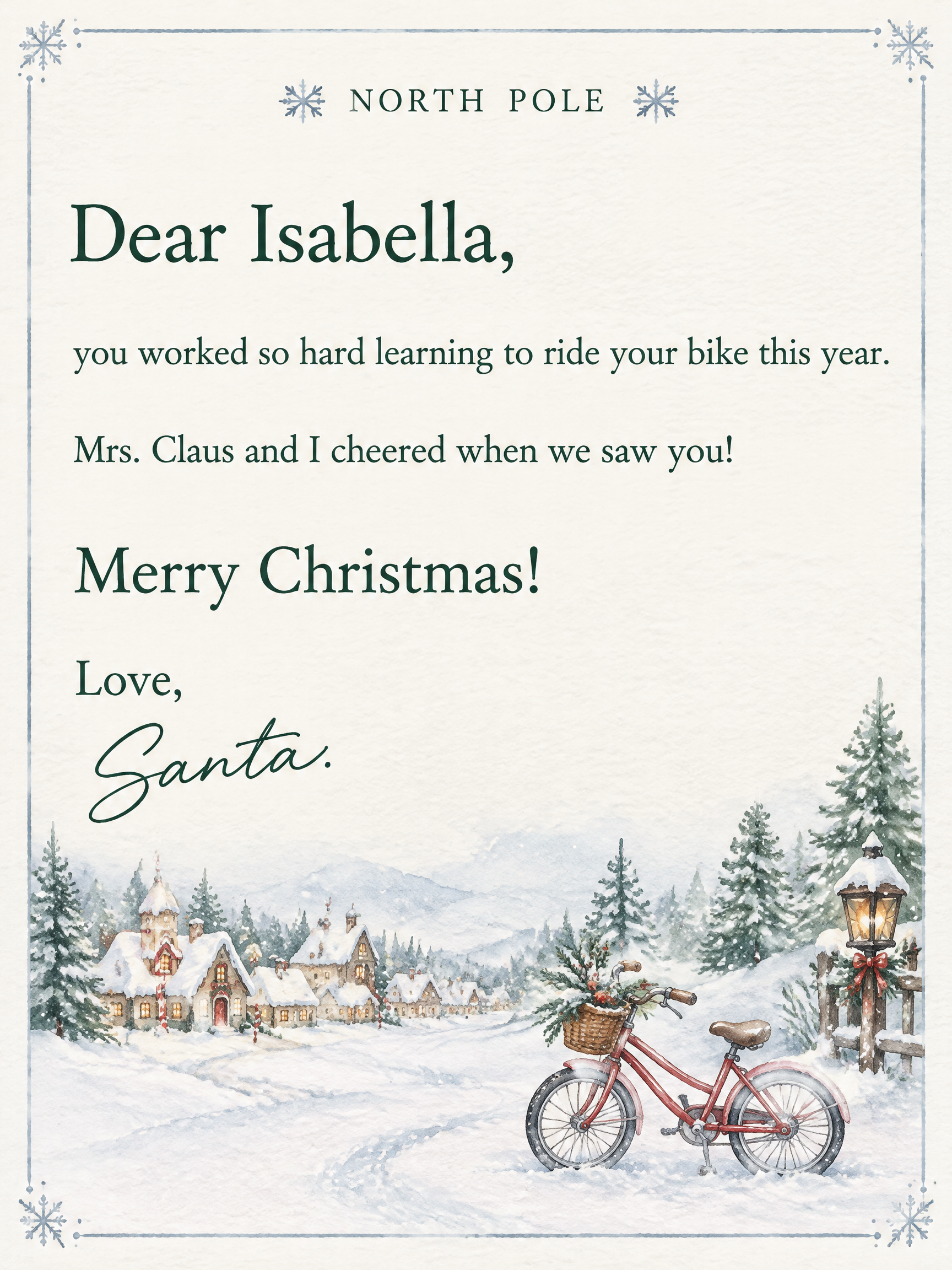 NORTH POLE
Dear Isabella,
you worked so hard learning to ride your bike this year.
Mrs. Claus and I cheered when we saw you!
Merry Christmas!
Love, Santa. — Navidad en acuarela