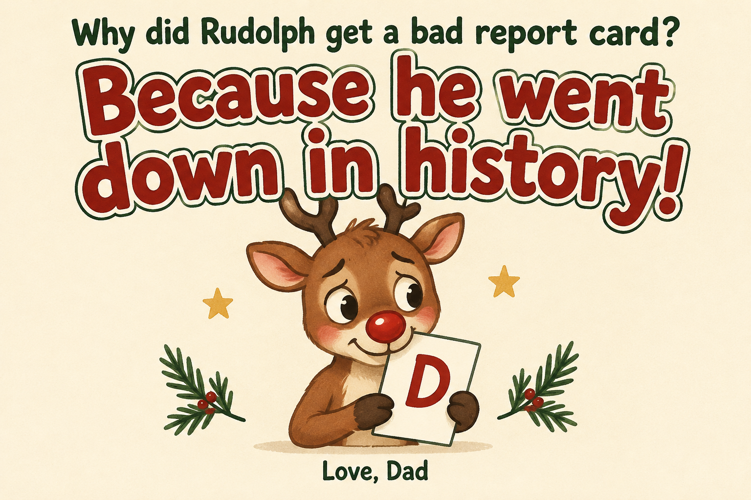 "Why did Rudolph get a bad report card?
Because he went down in history!
D
Love, Dad" — Storybook Christmas Print | AI Text Effect Generator