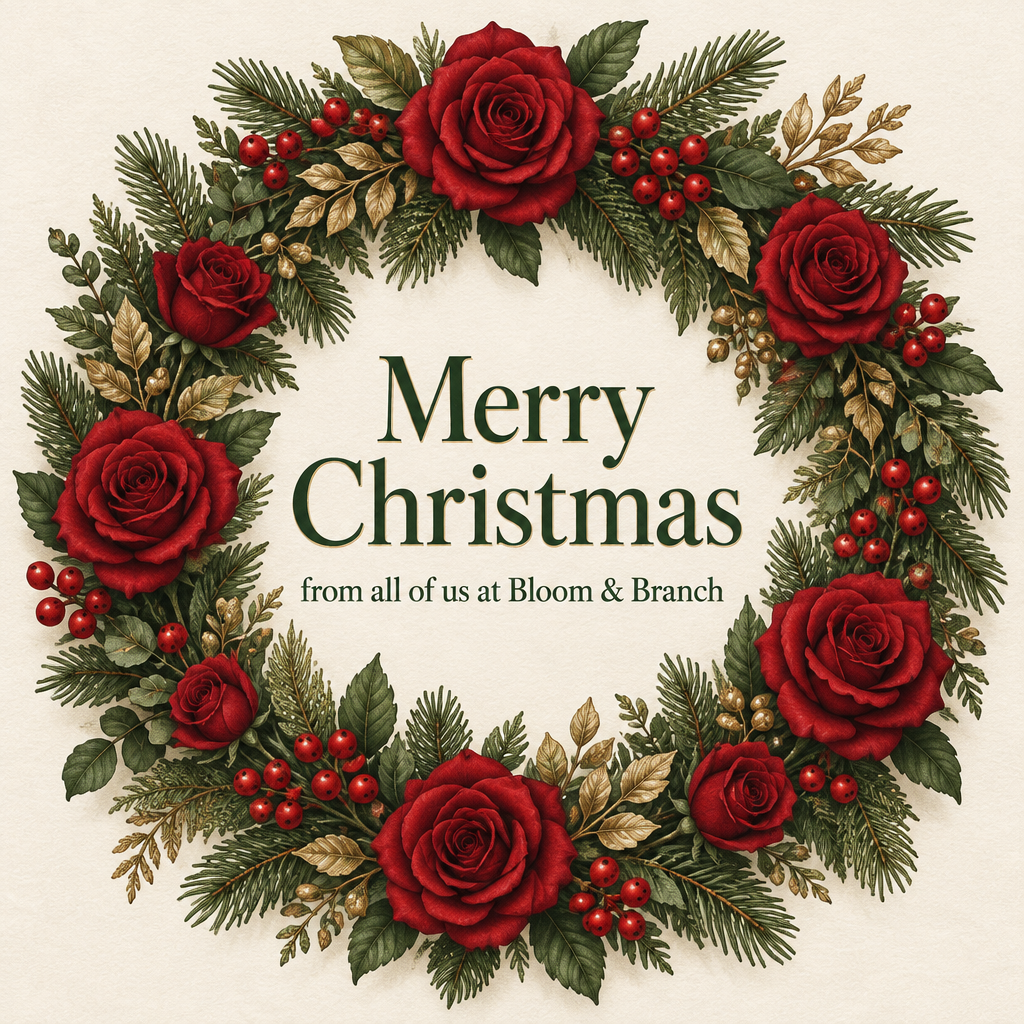 "Merry Christmas
from all of us at Bloom & Branch" — Botanical Christmas | AI Text Effect Generator