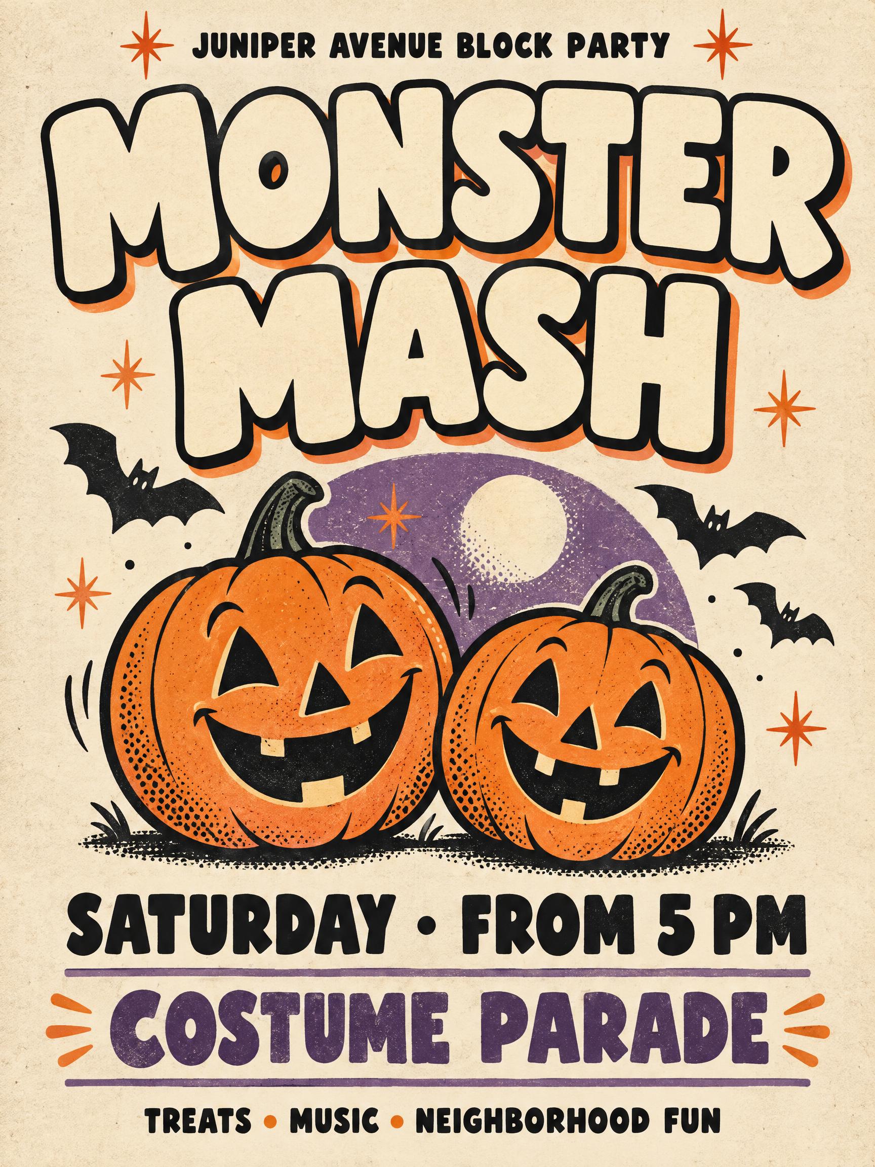 "MONSTER MASH
JUNIPER AVENUE BLOCK PARTY
SATURDAY · FROM 5 PM
COSTUME PARADE
TREATS • MUSIC • NEIGHBORHOOD FUN" —  | AI Text Effect Generator