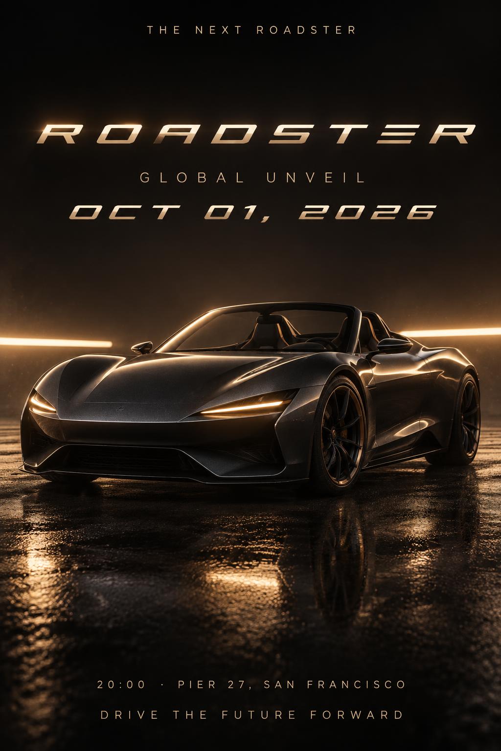 "ROADSTER
THE NEXT ROADSTER
GLOBAL UNVEIL
OCT 01, 2026
20:00  ·  PIER 27, SAN FRANCISCO
DRIVE THE FUTURE FORWARD" —  | AI Text Effect Generator