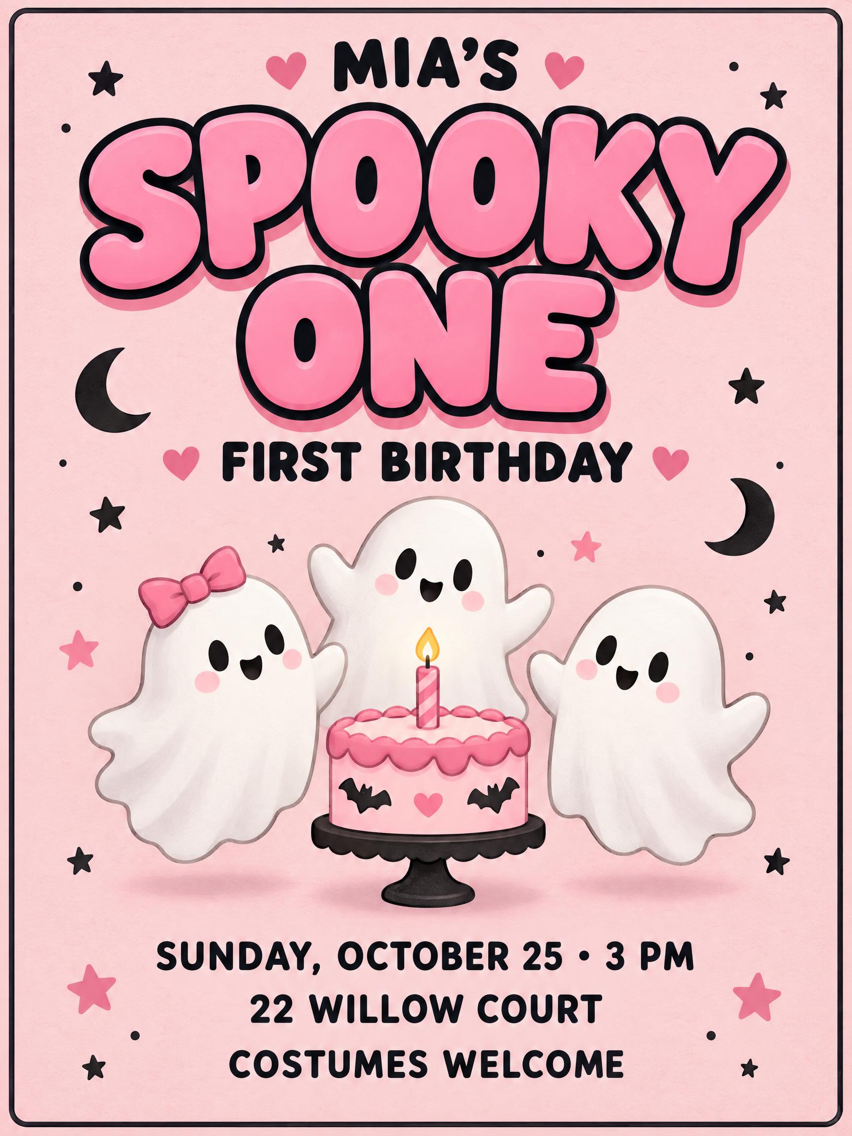 "MIA’S
SPOOKY ONE
FIRST BIRTHDAY
SUNDAY, OCTOBER 25 · 3 PM
22 WILLOW COURT
COSTUMES WELCOME" —  | AI Text Effect Generator