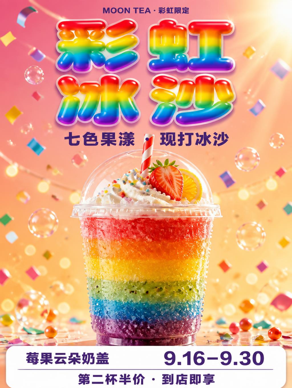 "彩虹冰沙
七色果漾 · 现打冰沙
MOON TEA · 彩虹限定
莓果云朵奶盖
9.16–9.30
第二杯半价 · 到店即享" — Rainbow | AI Text Effect Generator