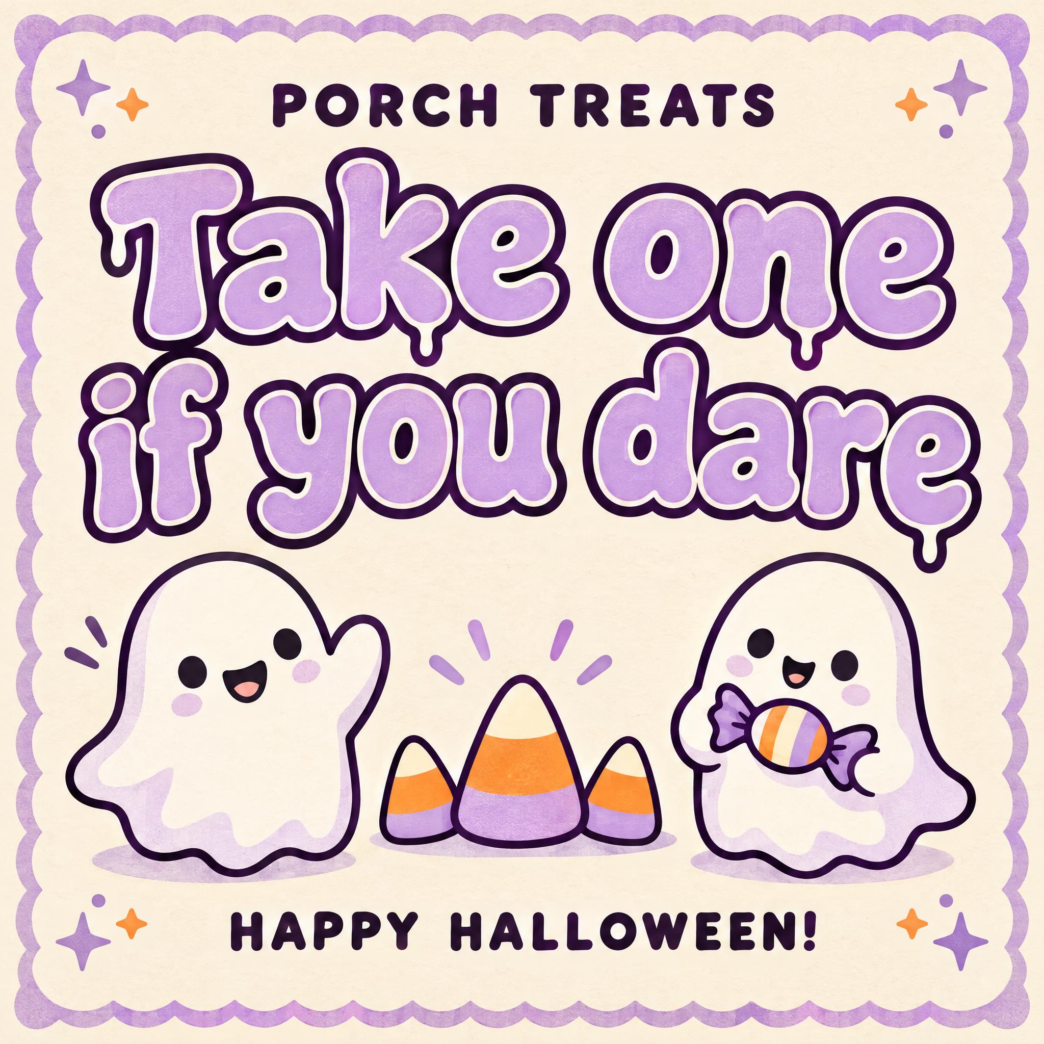 "Take one if you dare
PORCH TREATS
HAPPY HALLOWEEN!" —  | AI Text Effect Generator