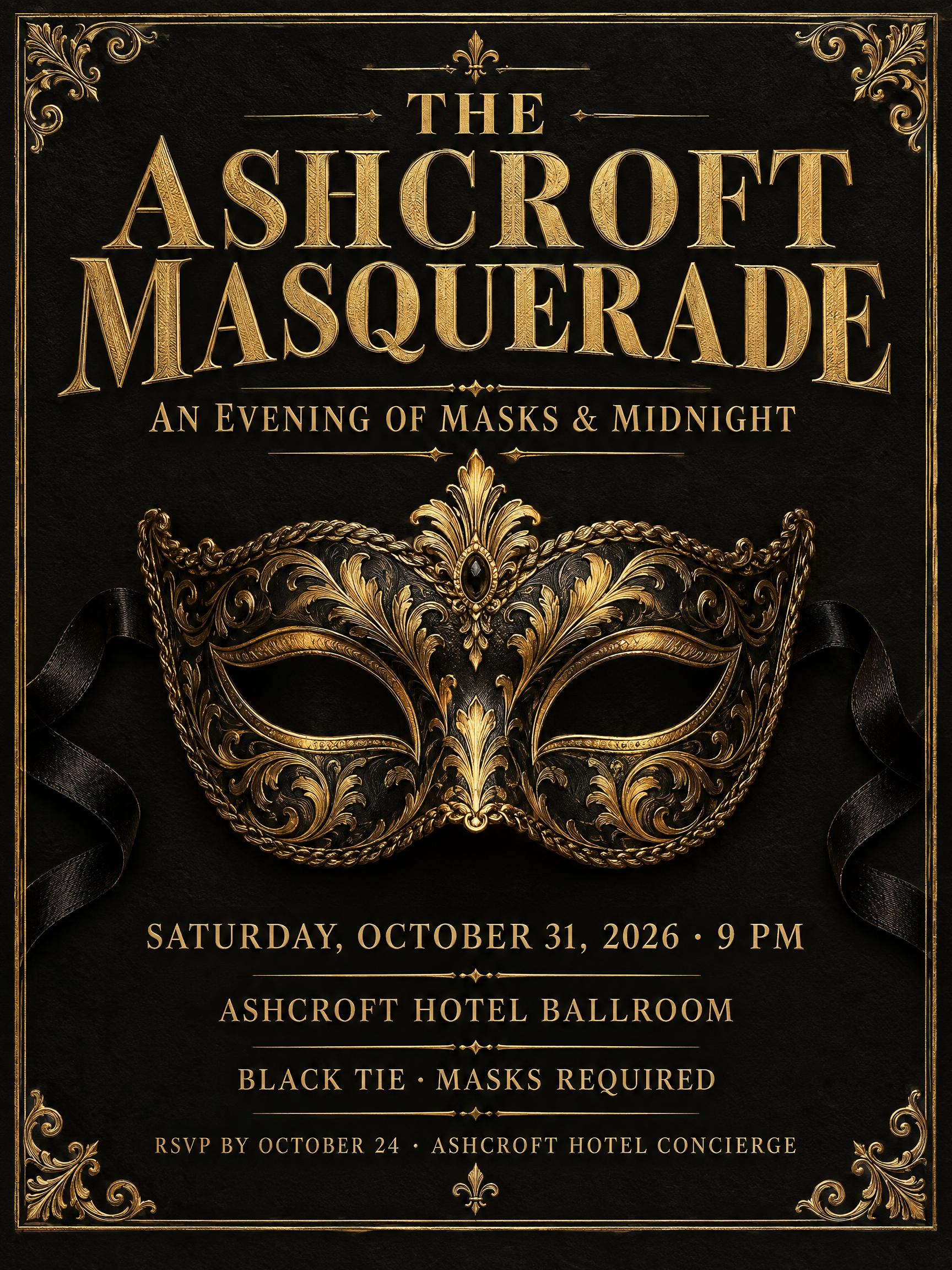 "THE ASHCROFT MASQUERADE
AN EVENING OF MASKS & MIDNIGHT
SATURDAY, OCTOBER 31, 2026 · 9 PM
ASHCROFT HOTEL BALLROOM
BLACK TIE · MASKS REQUIRED
RSVP BY OCTOBER 24 · ASHCROFT HOTEL CONCIERGE" —  | AI Text Effect Generator