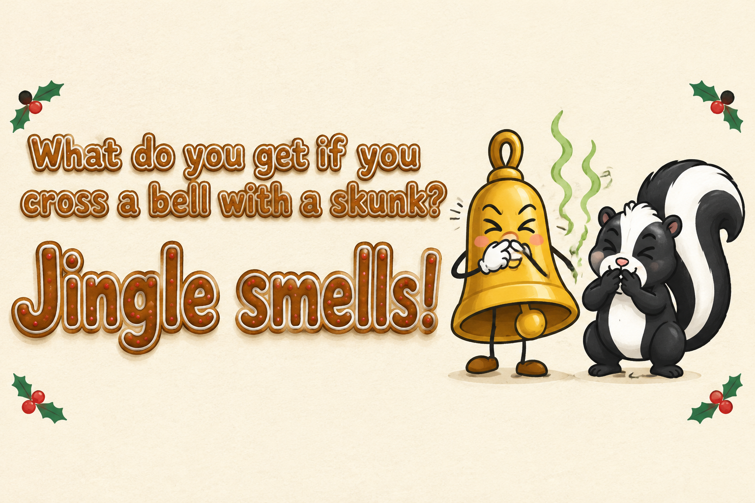 "What do you get if you cross a bell with a skunk?
Jingle smells!" — Cookie-Counter Cartoon | AI Text Effect Generator