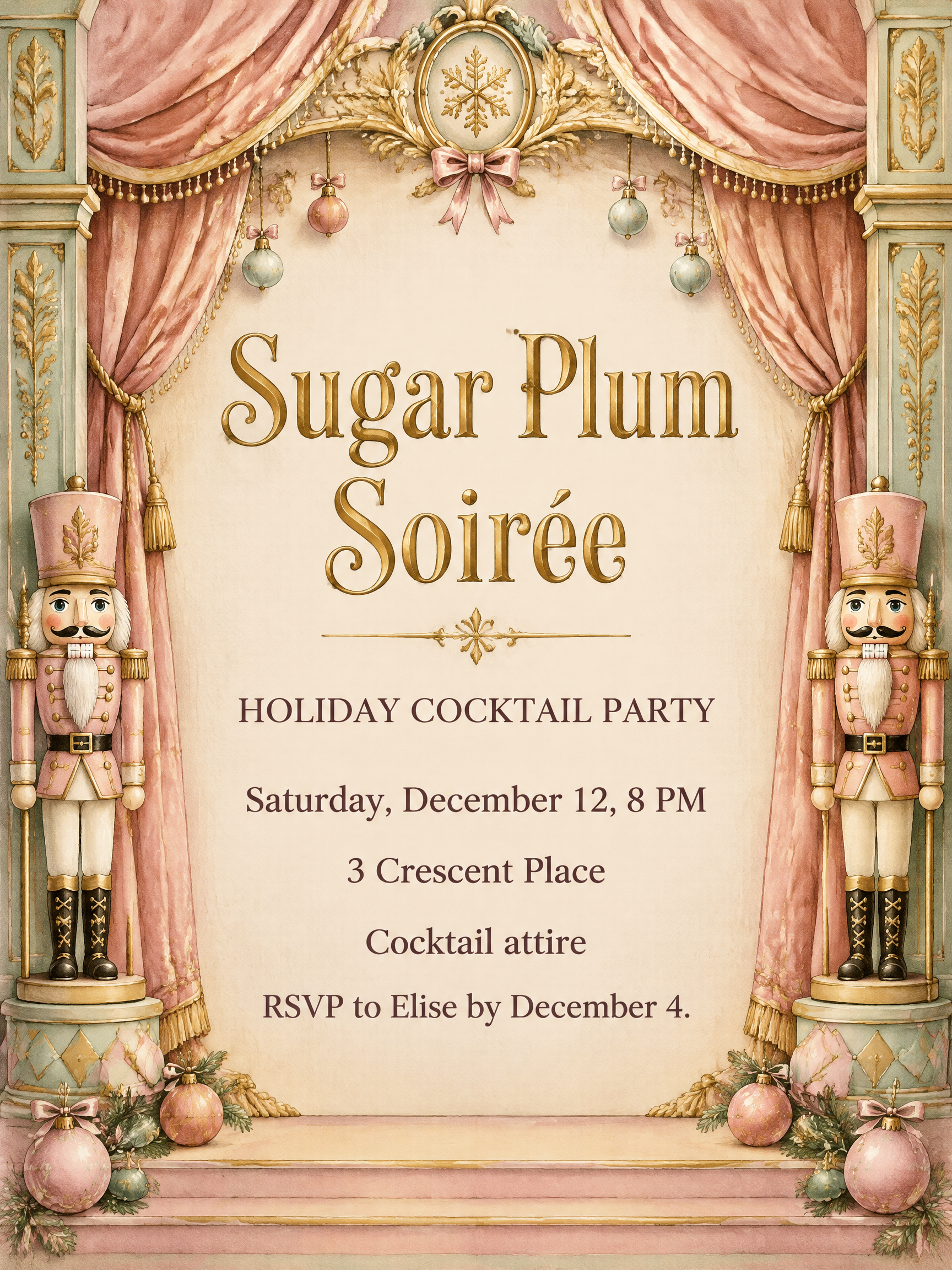 Sugar Plum Soirée
HOLIDAY COCKTAIL PARTY
Saturday, December 12, 8 PM
3 Crescent Place
Cocktail attire
RSVP to Elise by December 4.