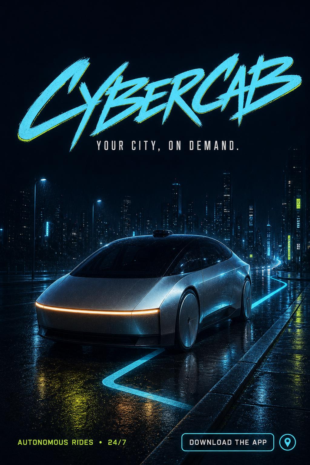 "CYBERCAB
YOUR CITY, ON DEMAND.
AUTONOMOUS RIDES • 24/7
DOWNLOAD THE APP" —  | AI Text Effect Generator