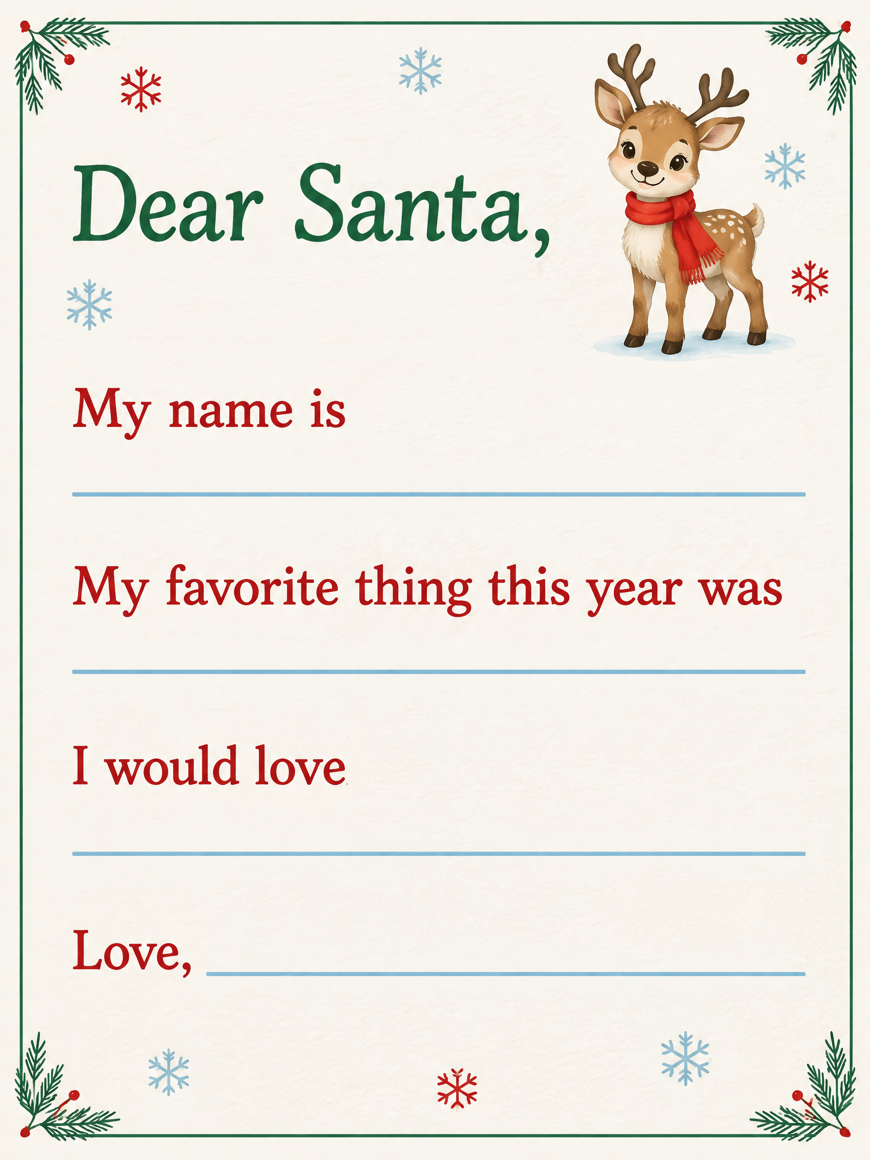"Dear Santa,
My name is ____
My favorite thing this year was ____
I would love ____
Love, ____" — Bright Storybook Stationery | AI Text Effect Generator